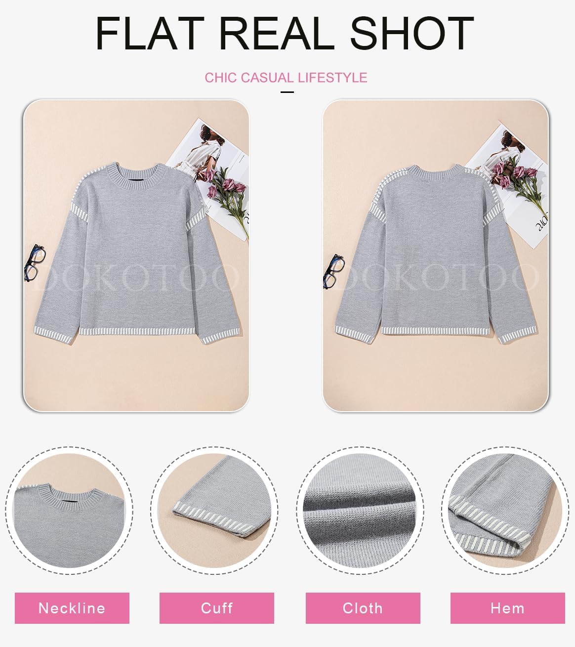 Dokotoo Sweaters for Women Fashion Solid Crewneck Loose Fit Long Sleeve Contrast Cable Knit Pullover Sweater Jumper Tops - Image 6