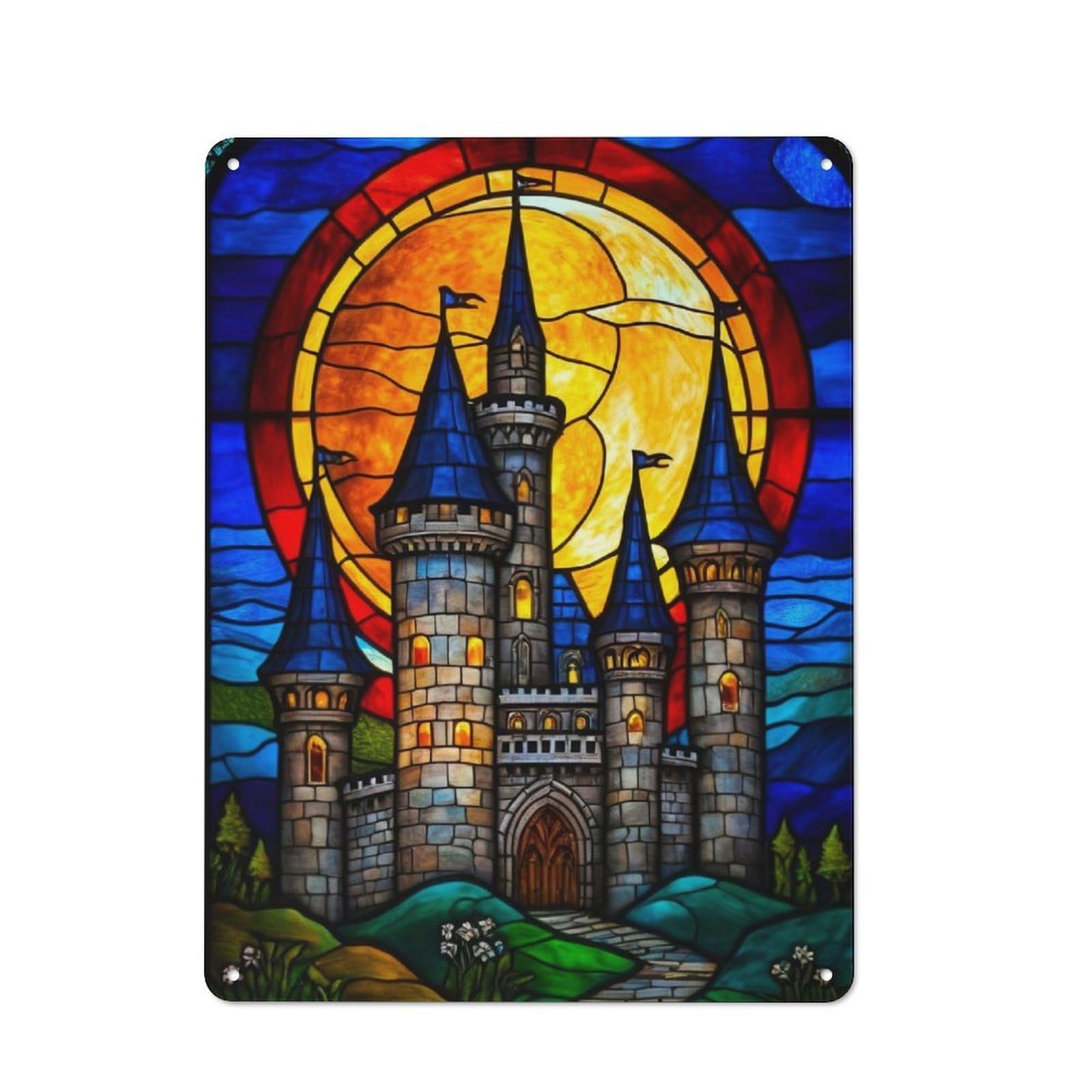 Junmoney Stained Glass Castle Vintage Tin Sign 40X30cm With For Man Cave Or Games Room, For Games Room Collectors