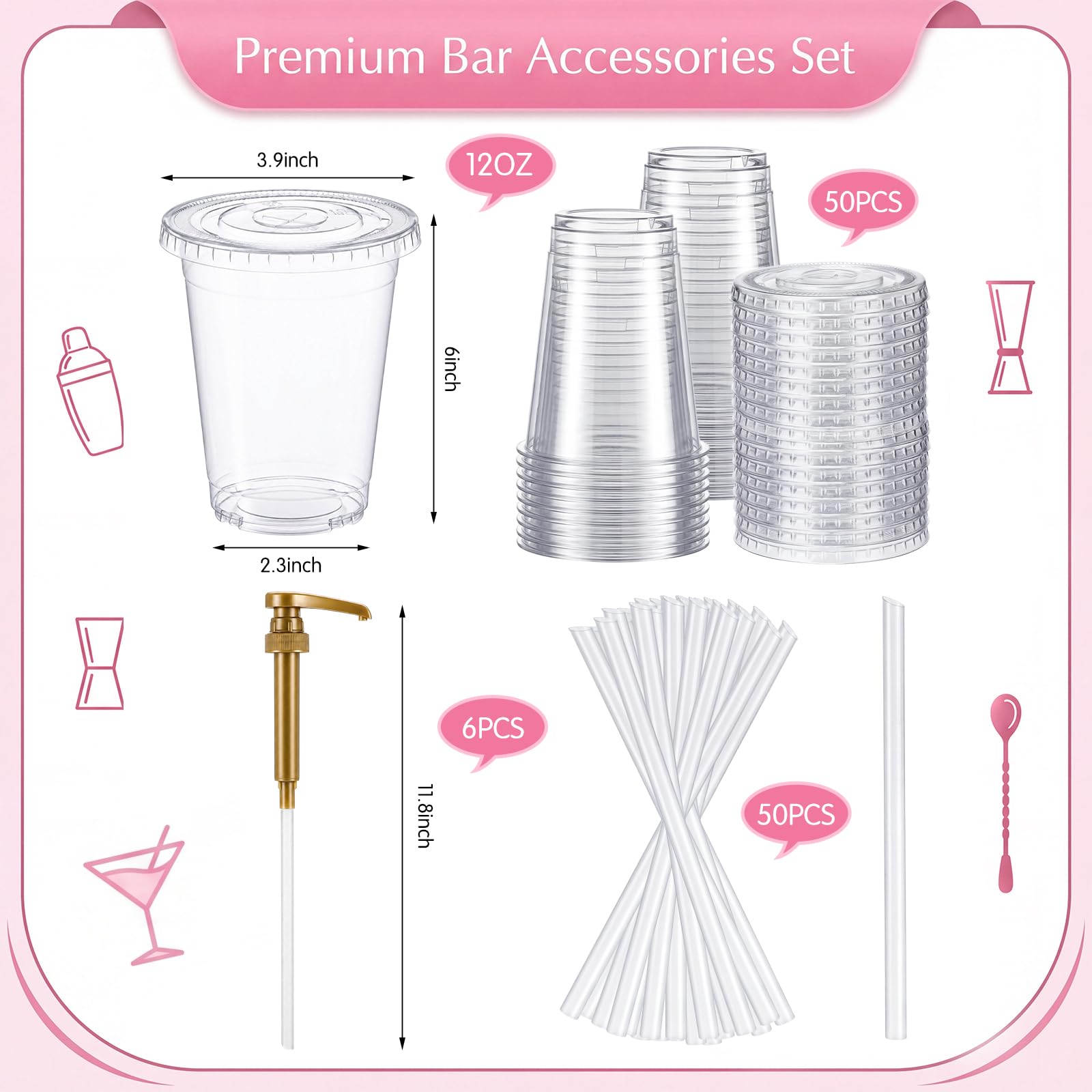 Thenshop Lot de 107 accessoires de bar - Plateau de garniture à condiments - Lot de 100 gobelets jetables avec pailles, 6 pompes distributrices de bouteilles de 350 ml - Organisation complète de