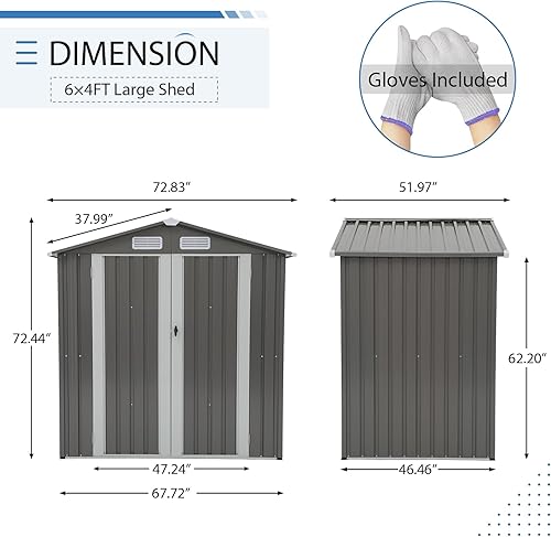 Miniatura 6 de Verano Garden Cobertizo de almacenamiento al aire libre de 6 x 4 pies, cobertizo de jardín de metal de acero galvanizado, doble puerta con