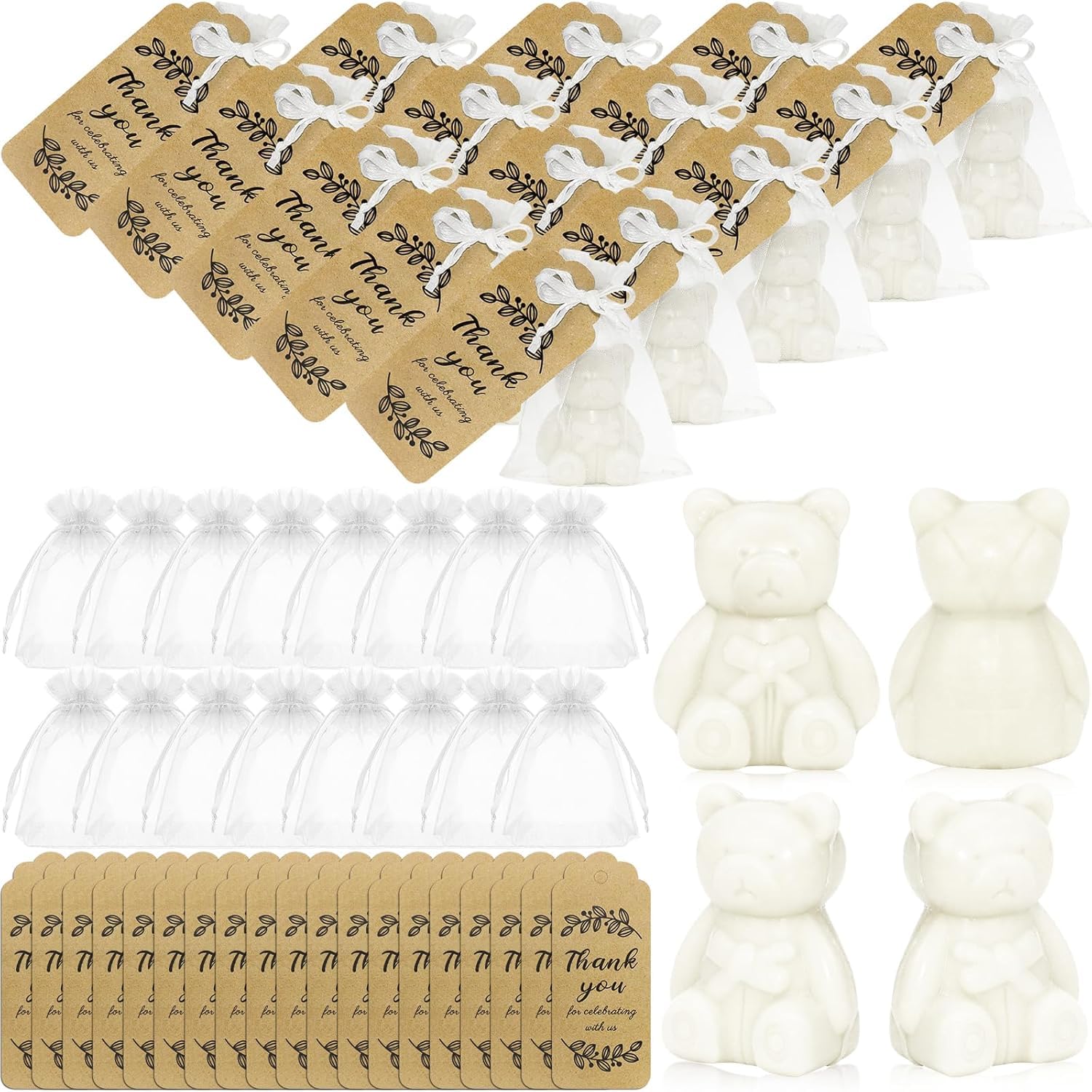 50 Stück Bären-Seife Gastgeschenke, Weiße Babyparty Seifen mit Dankeskarten und Verpackungsbeuteln, Gastgeschenke für Jungen und Mädchen, Baby Shower Dekoration & Giveaways (Weiß)