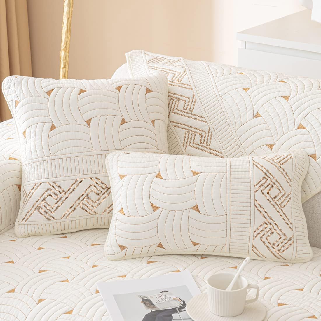 vctops Set of 2 Cotton Quilted Throw Pillow Covers Farmhouse Neutral Solid Color Pillow Cover Weave Embroidery Soft Cushion Case (Cream,18"x18")