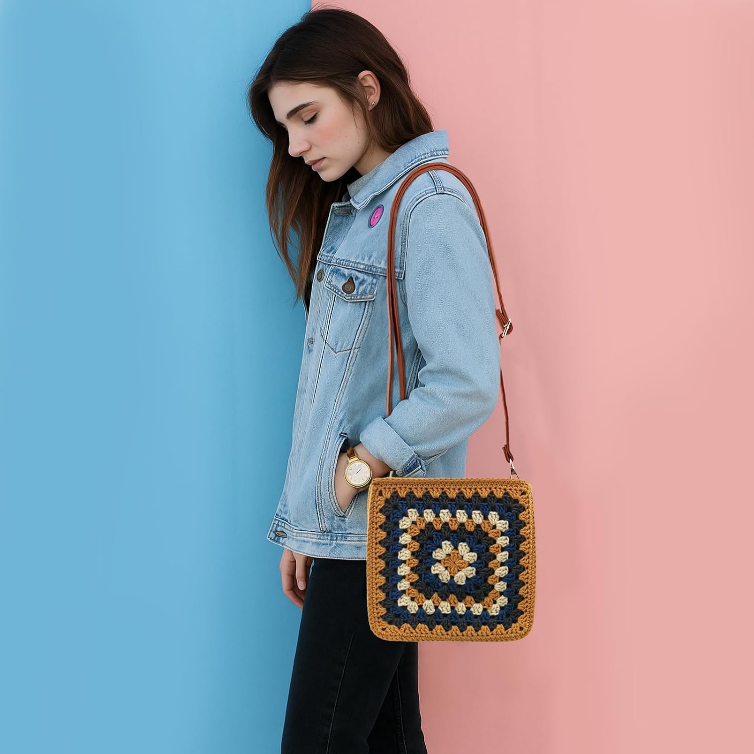 Noocro Crochet Kit Granny Square Crochet Bag Kit – DIY Felt Purse with Hook, Wool Yarn, Markers, Guide & Video – for Intermediate or Ambitious Beginners (Bronze Stone)