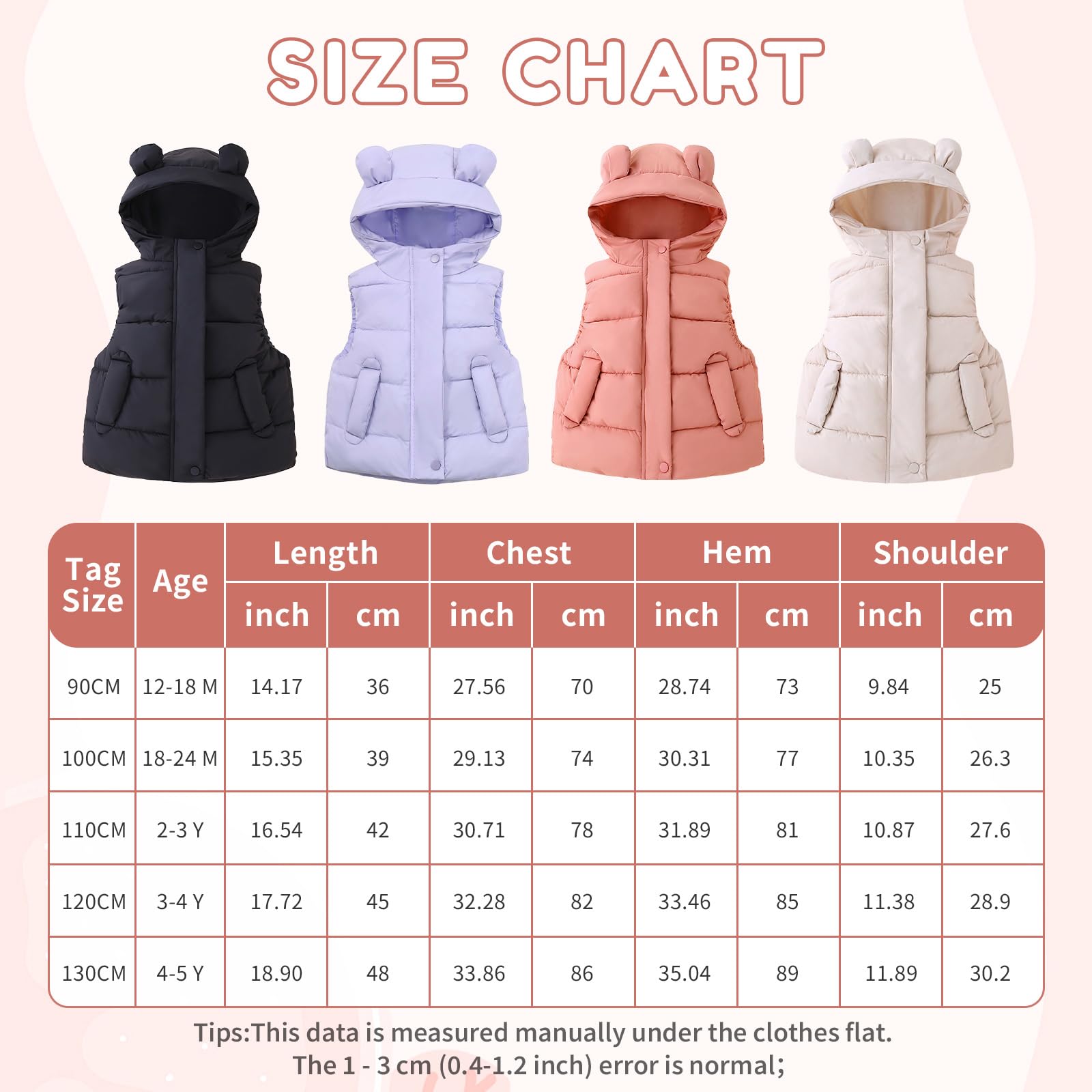 JiAmy Gilet Imbottito per Bambini, Cappotto Senza Manica con 2 Tasche e Cappuccio Abbigliamento Leggero Minimalista per 1-5 Anni