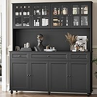Loomie 71" Tall 63" Wide Kitchen Pantry Cabinet with Drawers, Glass Doors & Large Countertop - Black Farmhouse Hutch
