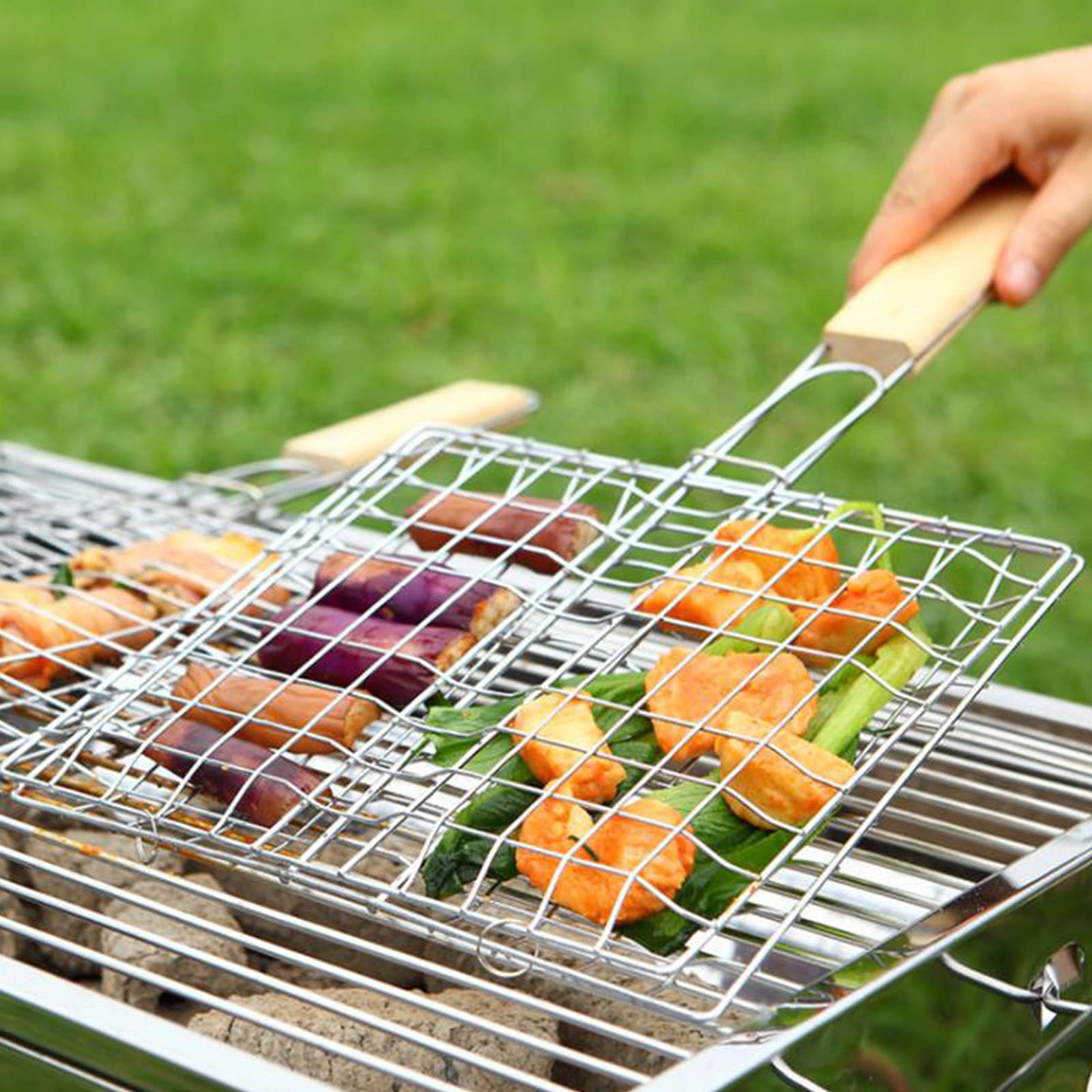 2 Pièces Grille de Barbecue Portable en Acier Inoxydable Grille de Barbecue en INOX Panier à Griller Portable Panier de Grillage en Acier Inoxydable pour Steak Crevettes à Viande Légumes Poisson Rôti