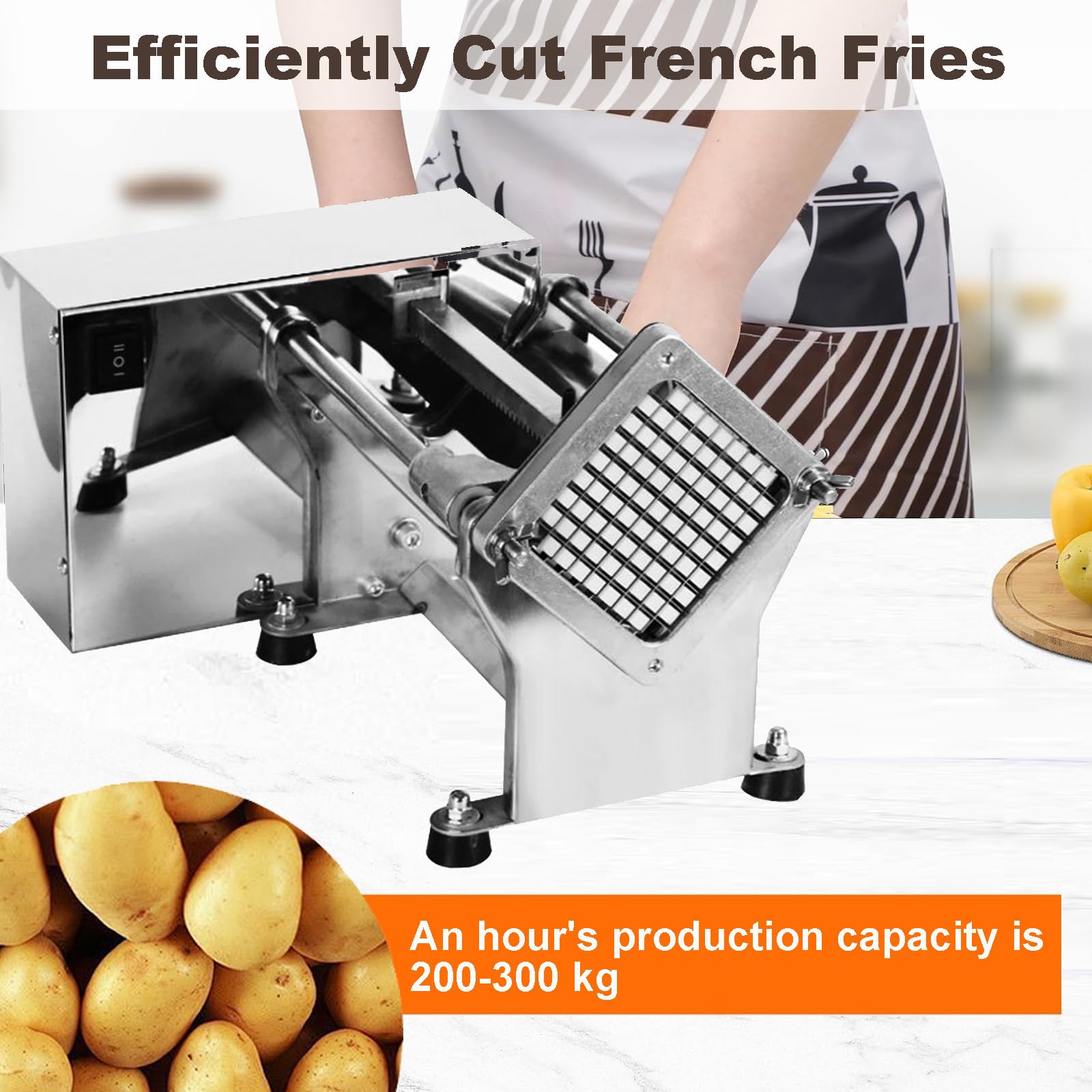 Tagliapatate Elettrico Commerciale per Patatine Fritte, Tagliapatate Elettrico da 200-300 kg/H, Affettatrice per Verdure in Acciaio Inox con Lama da 6/9/13 Mm