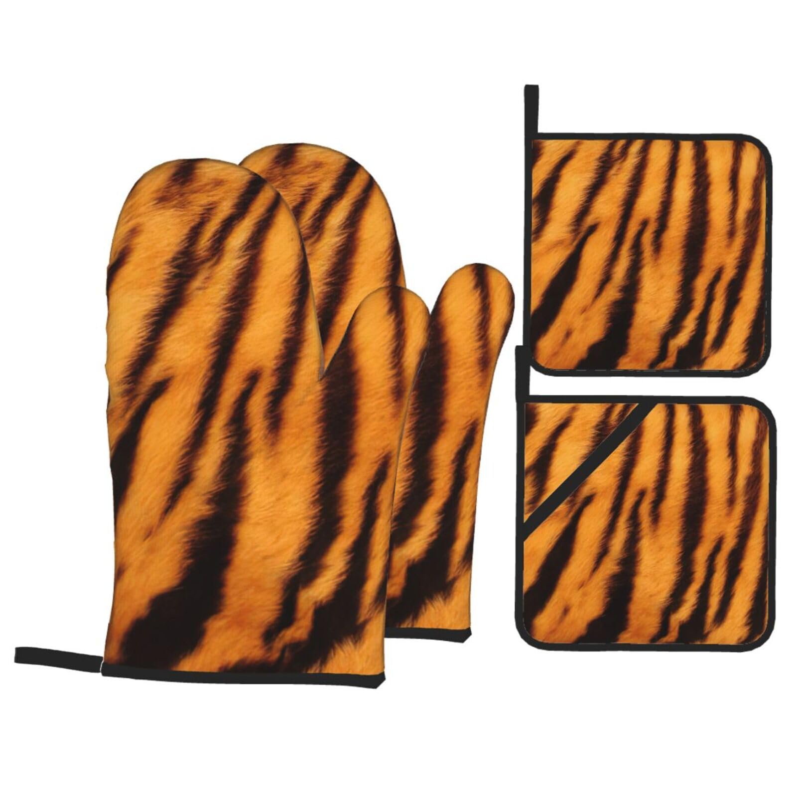 Nimongt Black Tiger Striped Pattern Print Heat-Resistant 4-Piece Oven Kitchen Gloves For Baking Cooking Microwaving Essentials