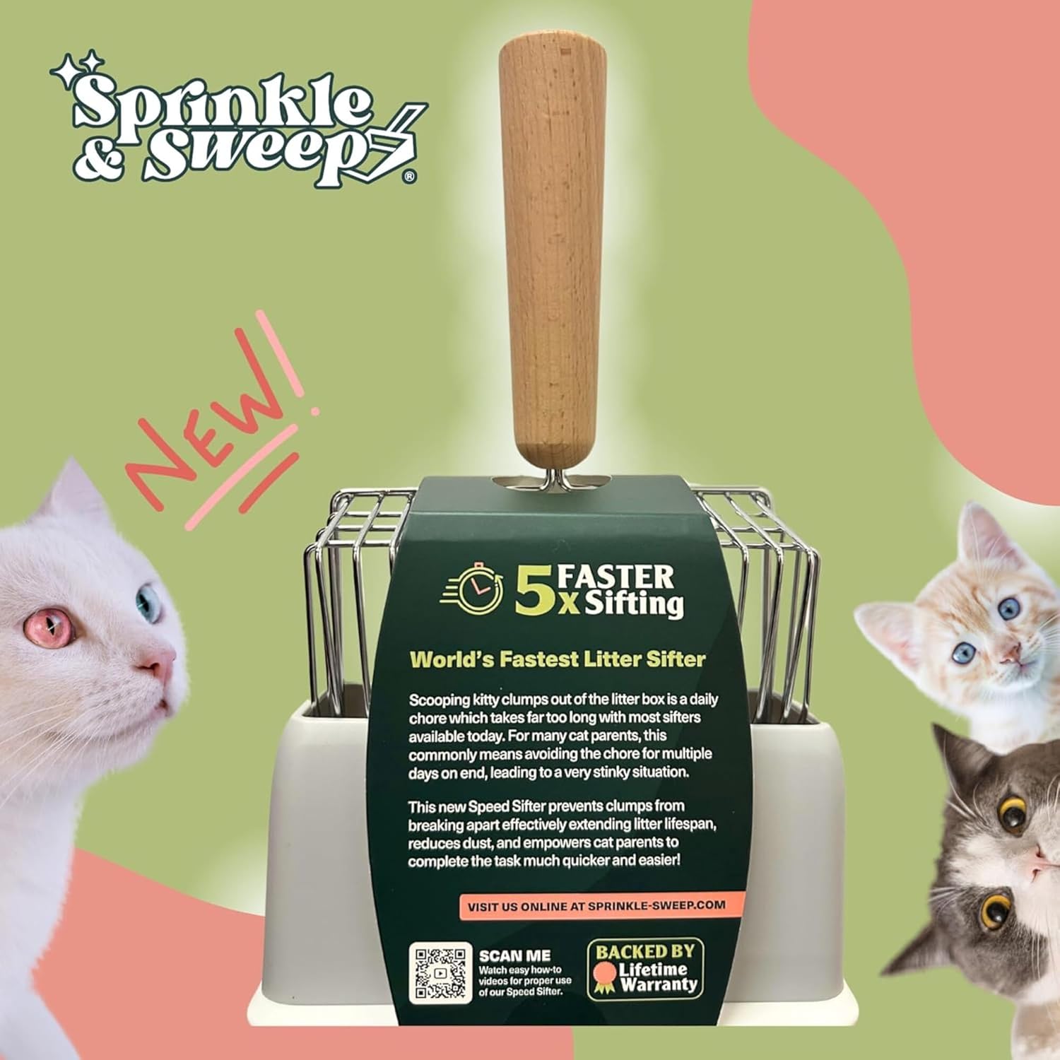 Sprinkle & Sweep: Litter Box Speed Shifter - 2 Pack - Metal Scoop, Comfortable Wood Grip, Washable Stand, Efficient Cleaning, Cat & Pet Maintenance