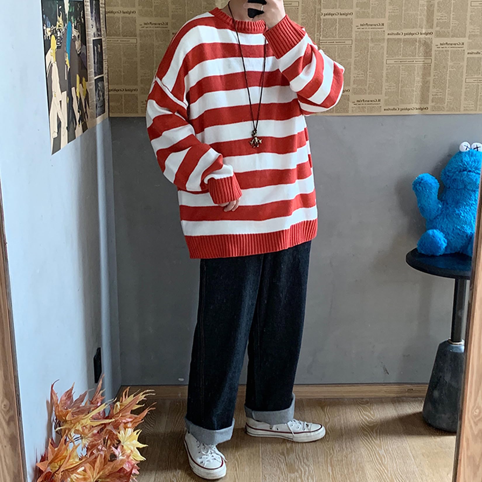 GAOJU Herren Gestreifter Pullover Herbst Winter Pullover Gestreiften Strickpullover Lässiger Langarm Patchwork Pullover Schlanker Sportswear Pullover Allgleiches