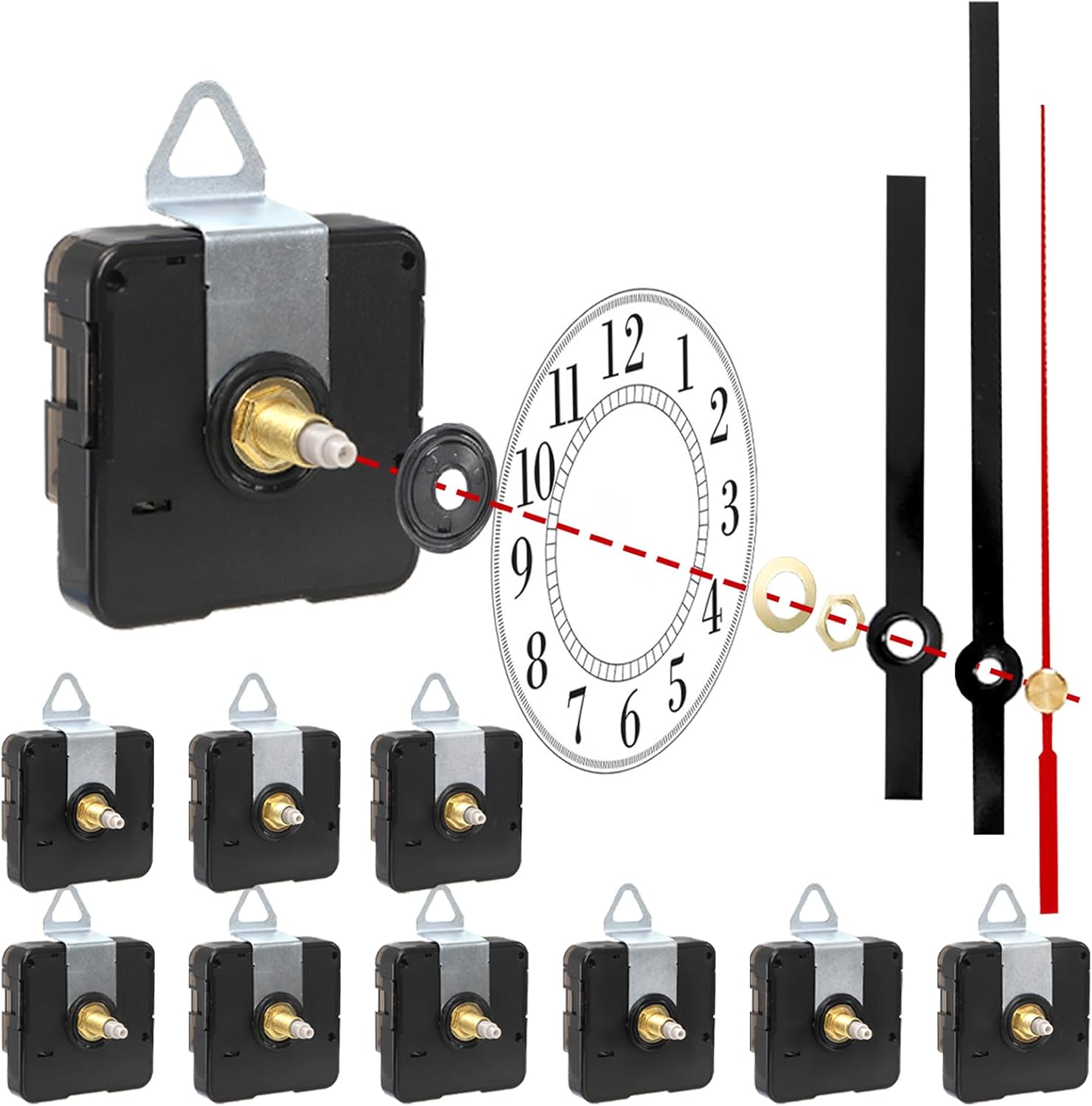 Foraineam 9 Pieces Clock Movement Mechanism Kit with 12 Pairs Clock Hands, Silent Quartz Clock Motor Kit, Shaft Lengths 16mm 20mm 23mm, Battery Operated Wall Clock Movement Repair Replacement Parts