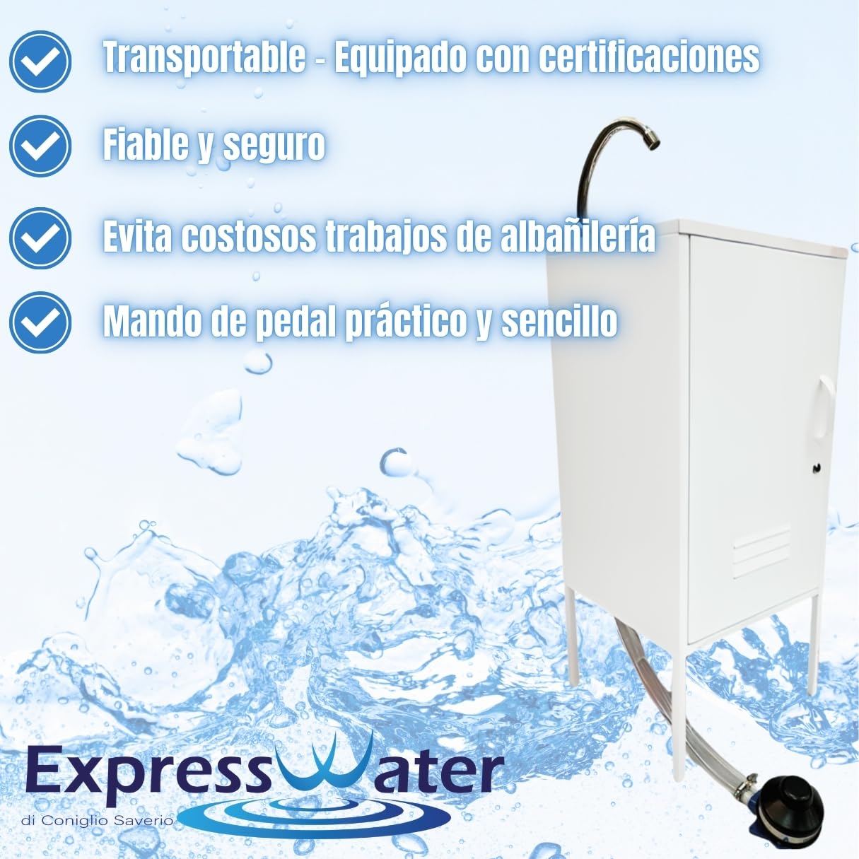 Lavabo portátil independiente Express Water con depósito de agua a pedal certificado para consultas comerciales y médicas (Luxury_Lite)