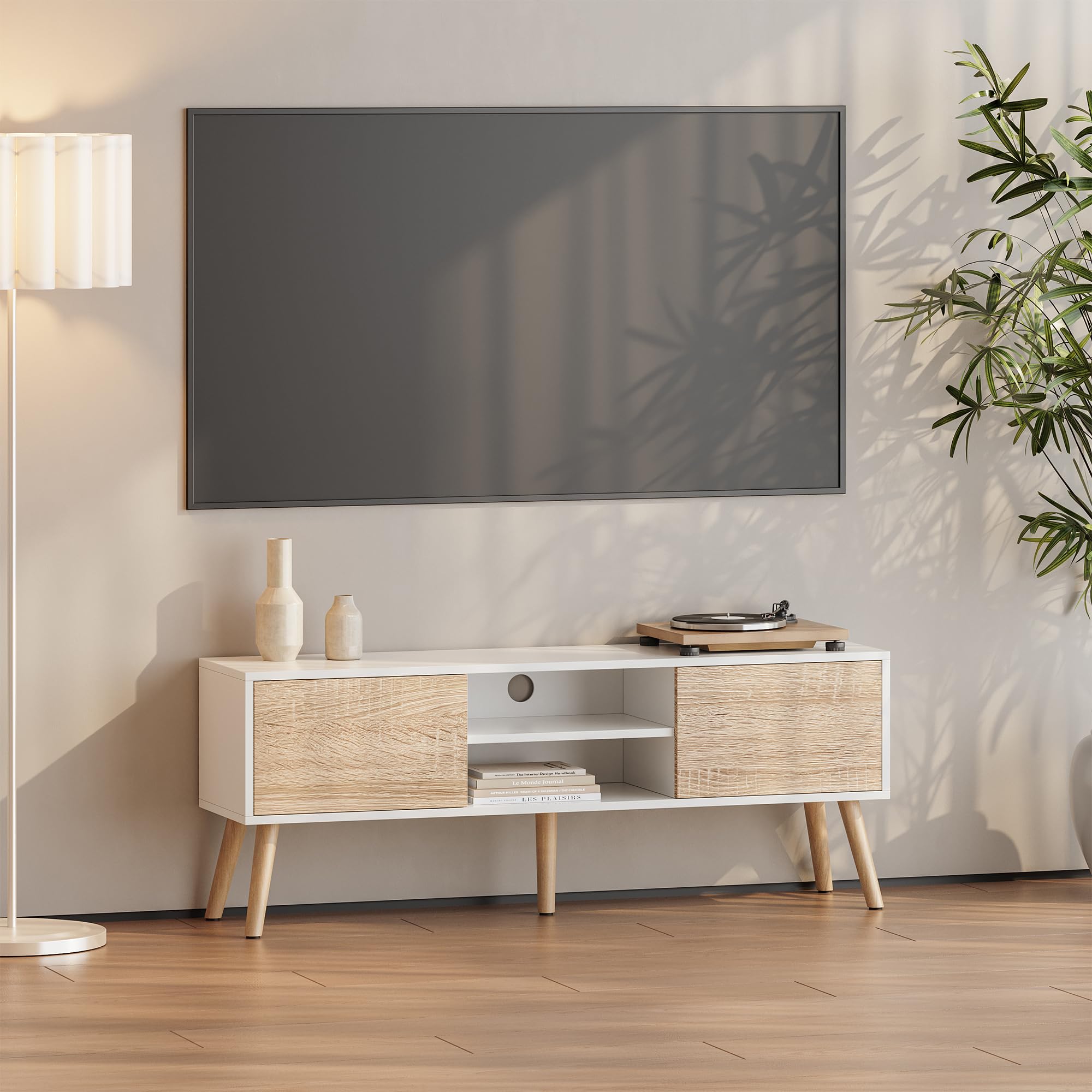 Meuble TV Design Support Télé Banc avec 2 Portes et 2 Étagères Panneau de Particules Mélaminé Pieds en Bois avec Revêtement PVC 120 x 30 x 47 cm Blanc Effet Chêne