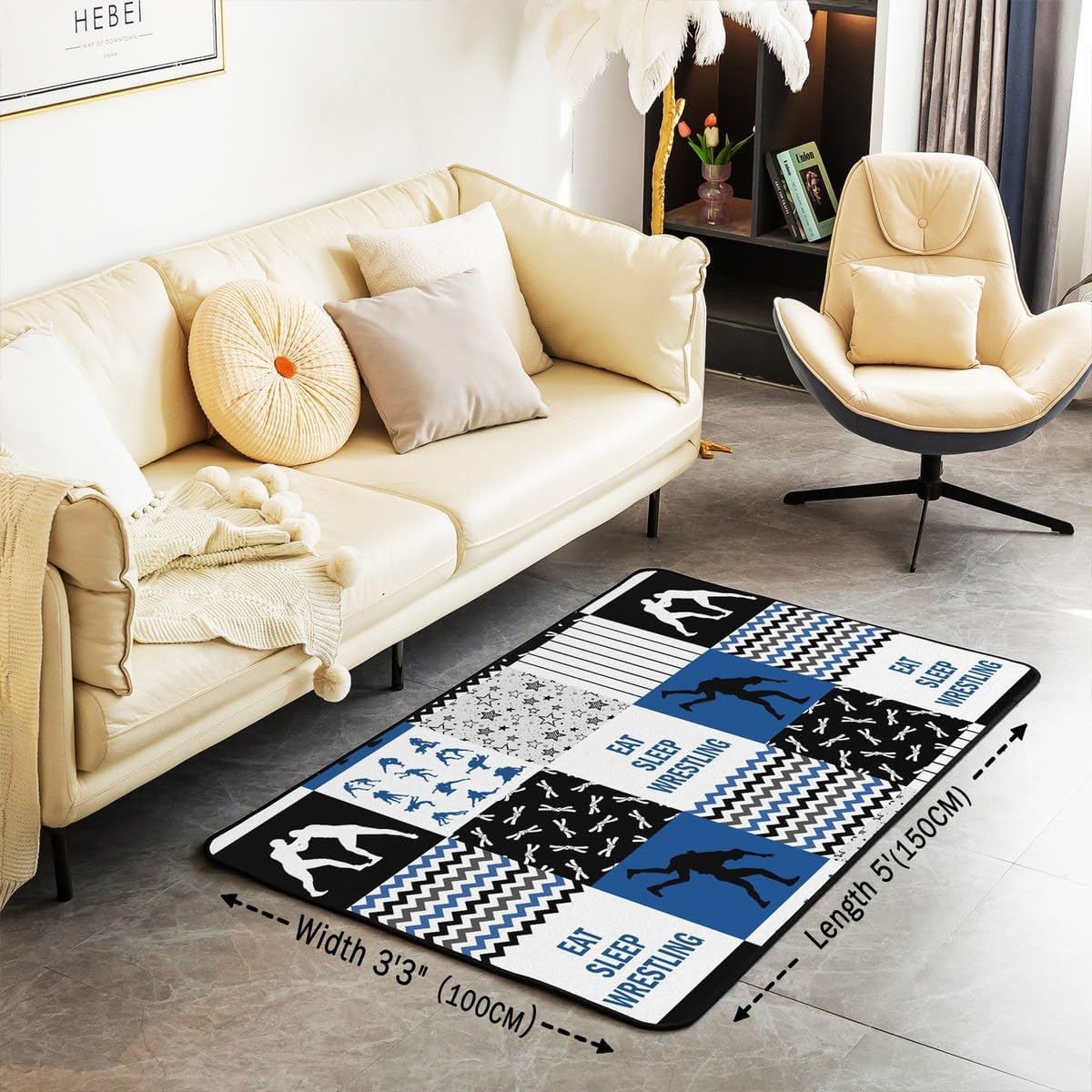 Castle Fairy Wrestling Themed Area Rug 100cm X 150cm X 1cm Sports Players Silhouette Modern Game Non Slip Rug for Living Room Blue Black Gray White Stripes Plaid Indoor Floor Mat for Bedside