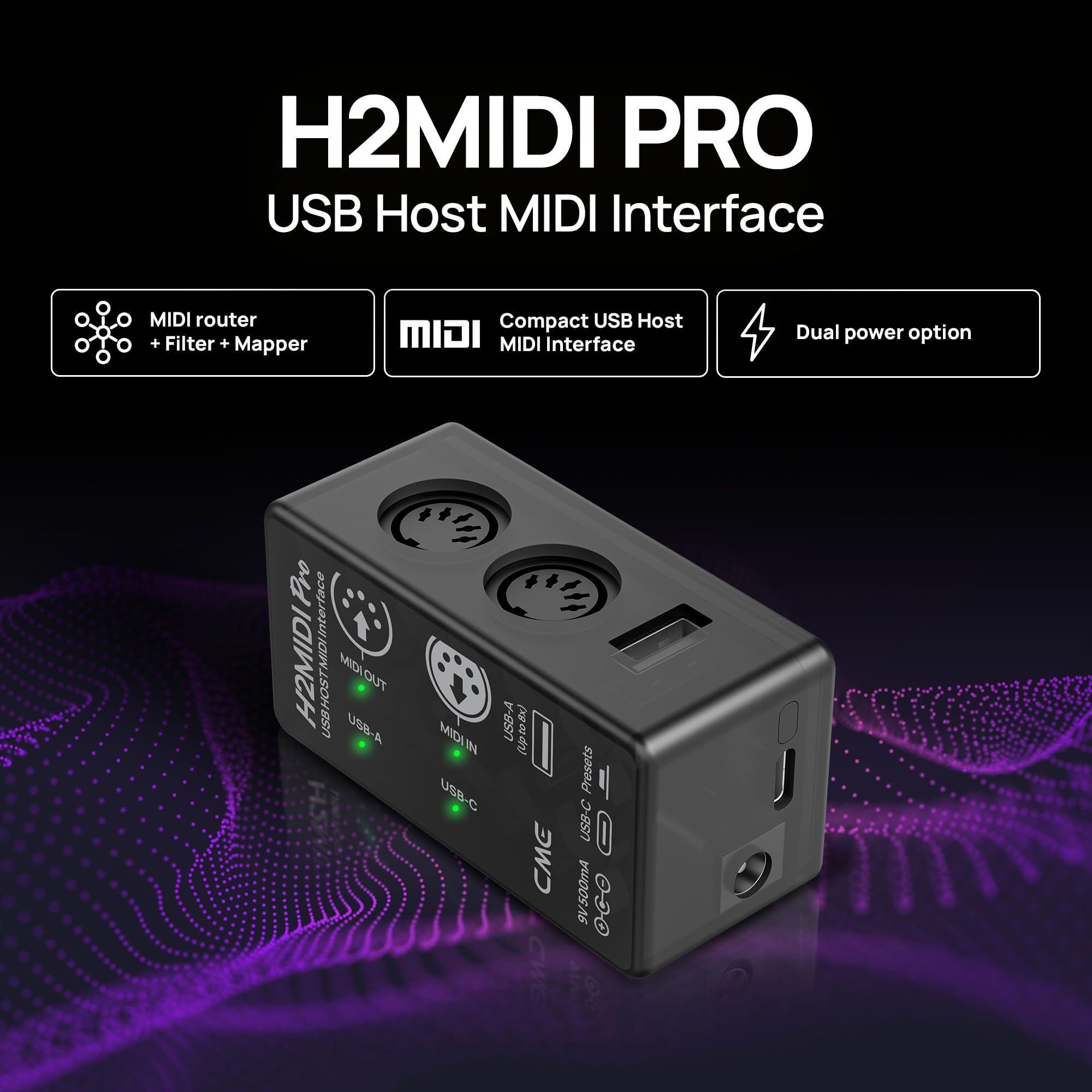 CME H2MIDI Pro - Interfaccia MIDI USB Host compatta e versatile con router, filtro, mapper, processore a 32 bit e doppia alimentazione per chitarristi e produttori