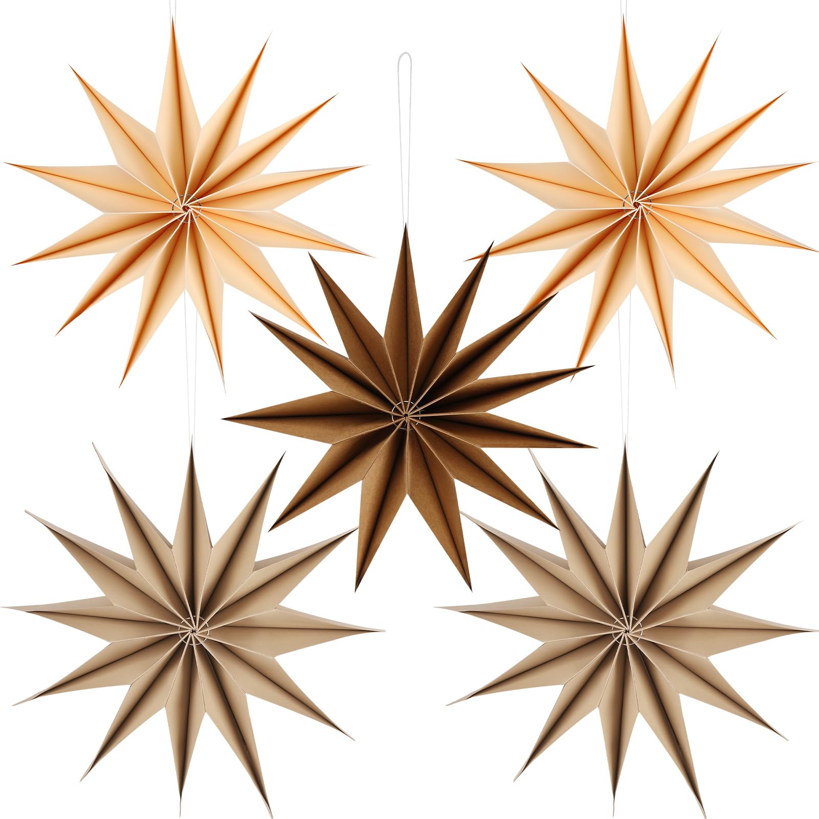 12 Inches 5 PCS Brown Paper Star Lanterns Hanging Khaki Stars Christmas Party Decorations Hanging Beige Lampshade Christmas Wedding Birthday Christmas Home Party Decorations (12 Pointed)