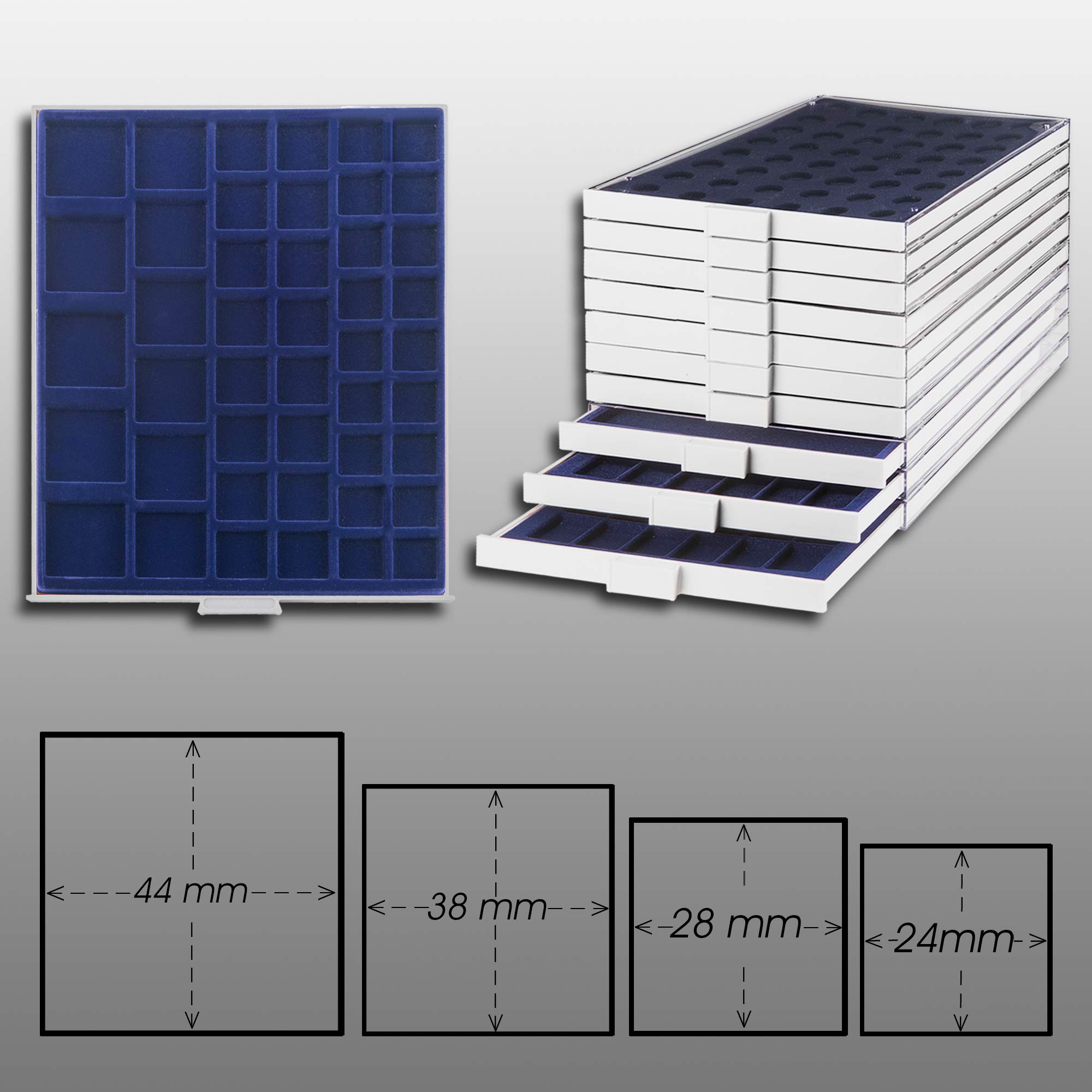 Prophila Coin Box Gray 45 Angular compartments in 3 Different Sizes, Blue Insert