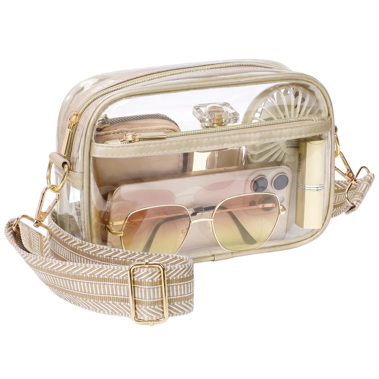Clear Bag for Stadium Events - Small Clear Purse Crossbody Bag | Adjustable Wide Strap, 2 Easy Access Pockets, Thick 0.5mm PVC, for Sports Game Day Concerts Festival, Women Clear Stadium Bag Small Fashion Champagne Gold Striped Small (Classic Web Strap)