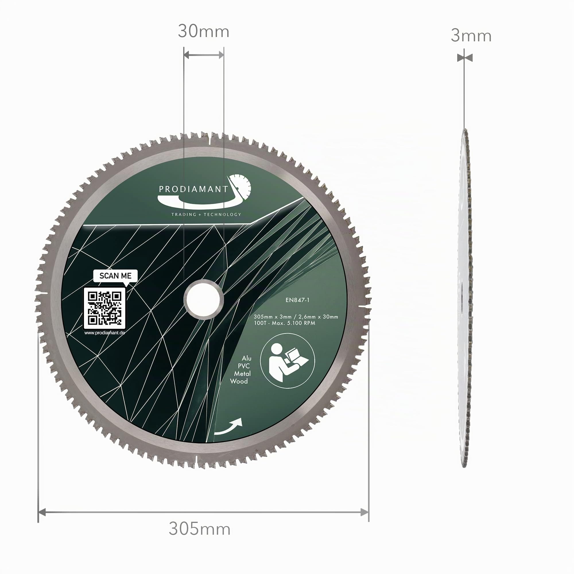 PRODIAMANT - Lama per sega in metallo duro, per legno, alluminio, plastica e laminato, con denti HM TCT, per sega da banco, sega troncatrice e sega circolare, 305 x 30 mm