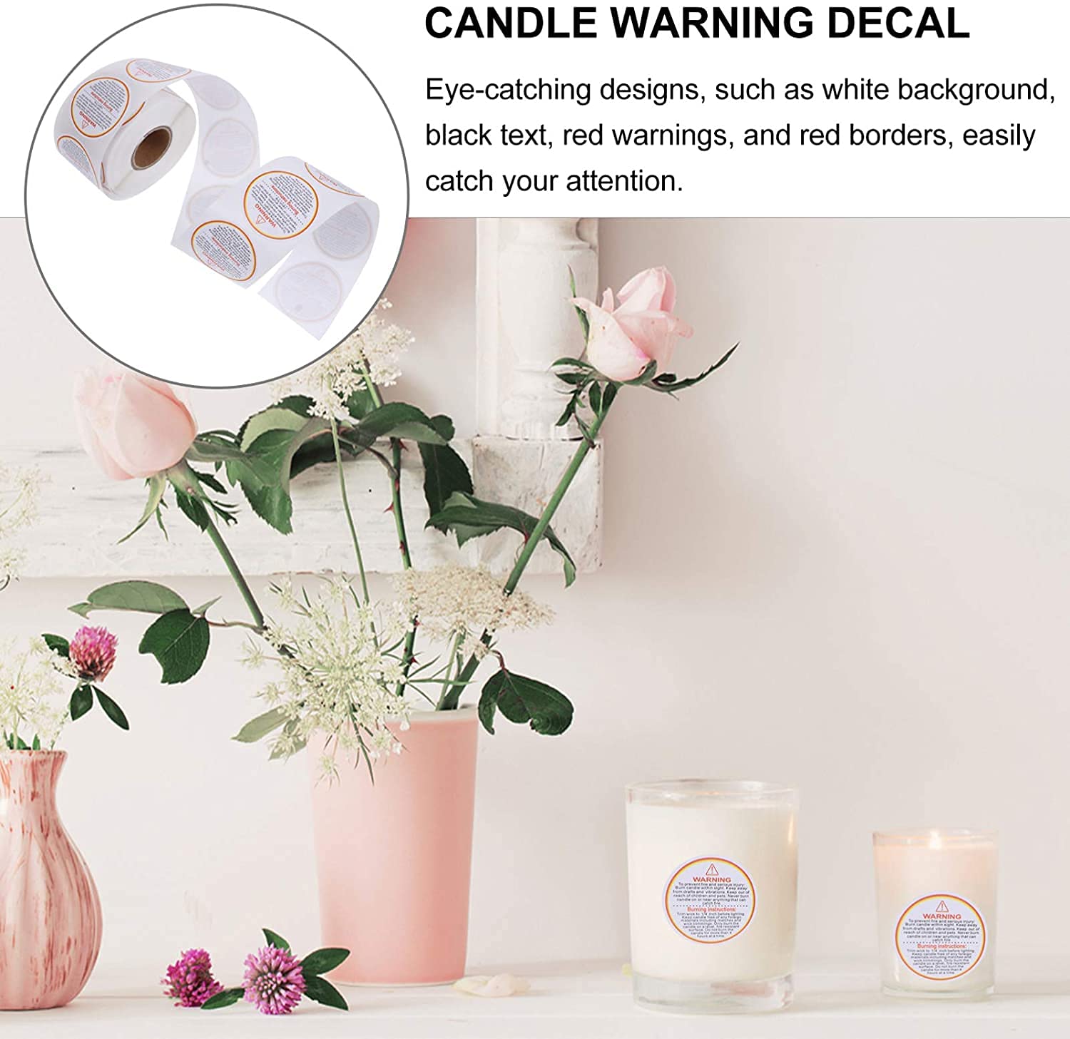 DELFINO Candle Warning Sticker, 500 Pcs Candle Container Labels for