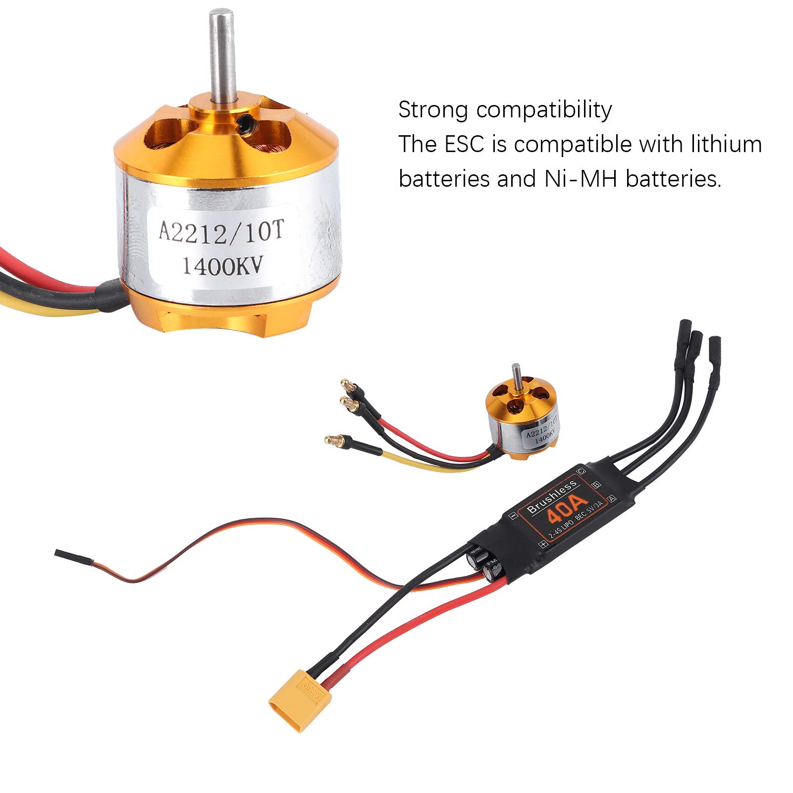 2212 1400KV Motor + 40A Brushless ESC Set, Metal + Electronic Components Motor ESC Set Accessories for RC Drone Helicopter FPV Model