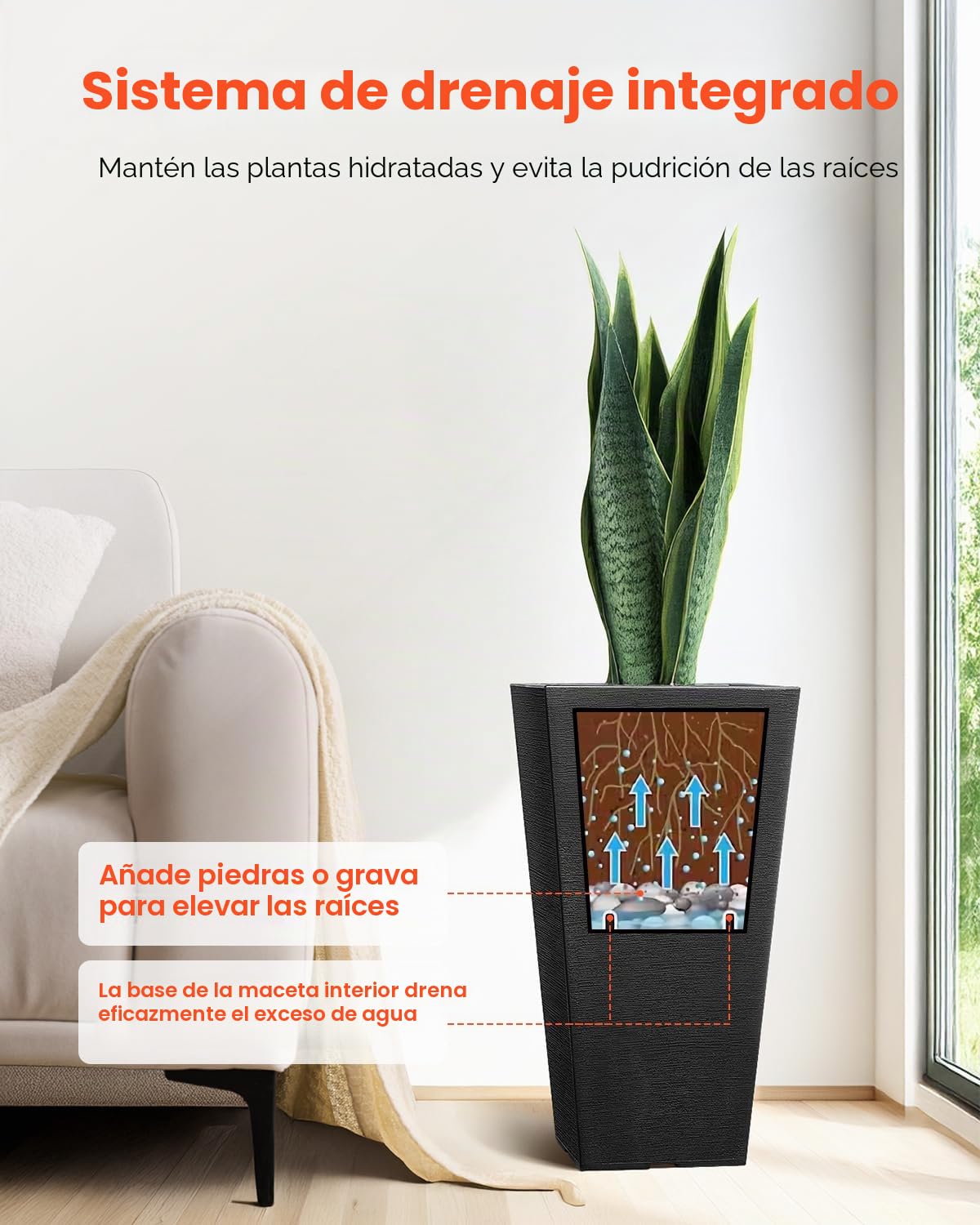 VEVOR Jardineras Altas de 570 mm 2 Piezas Jardineras Grandes para Plantas Jardineras Cuadradas Cónicas para Porche Delantero Macetas para Plantas de Árboles Diseño Moderno Drenaje Incorporado, Negro
