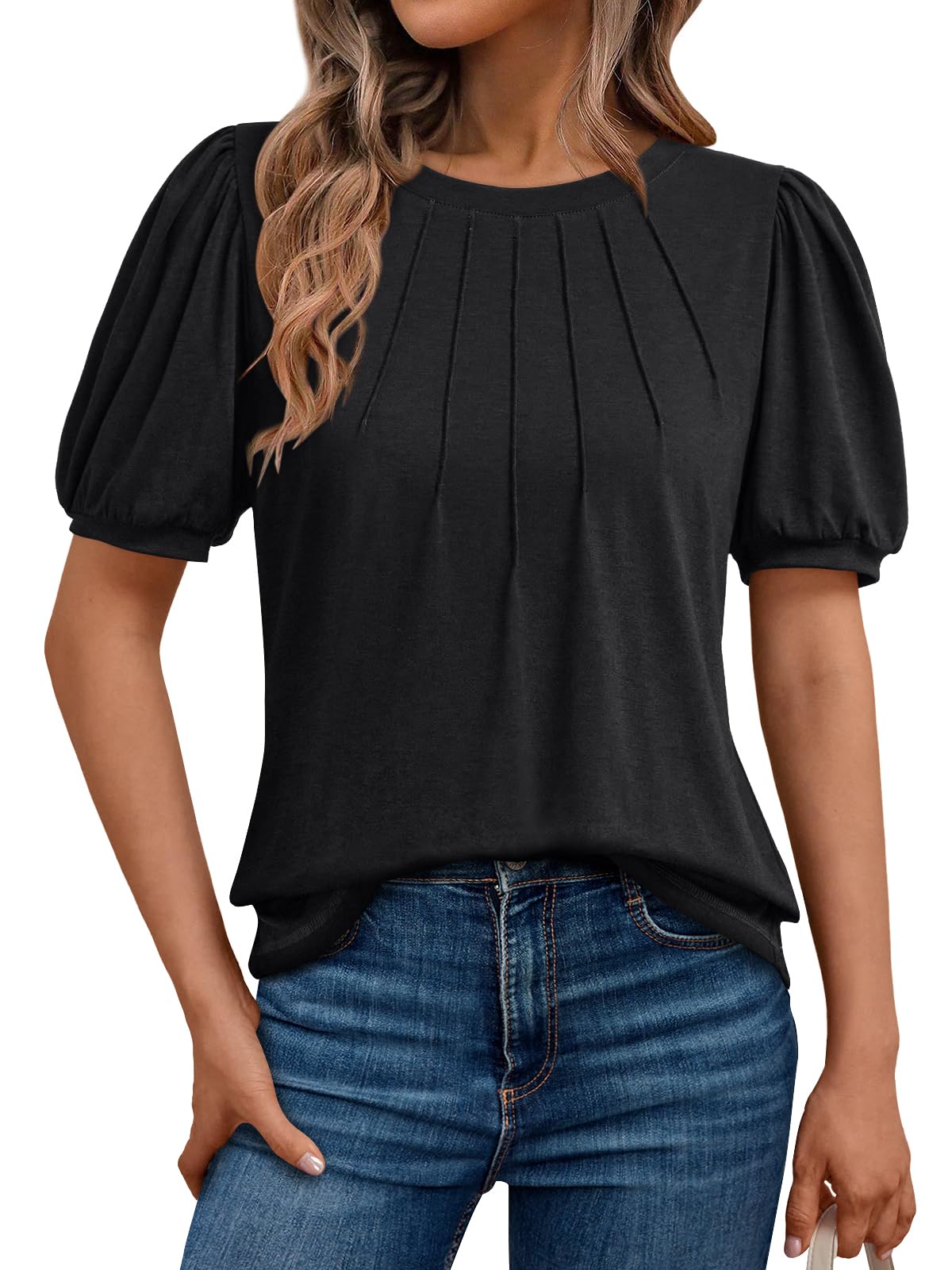 Womens Summer Tops Short Sleeve Shirts Business Casual Outfits Puff Dressy Blouses Spring Clothes 2025