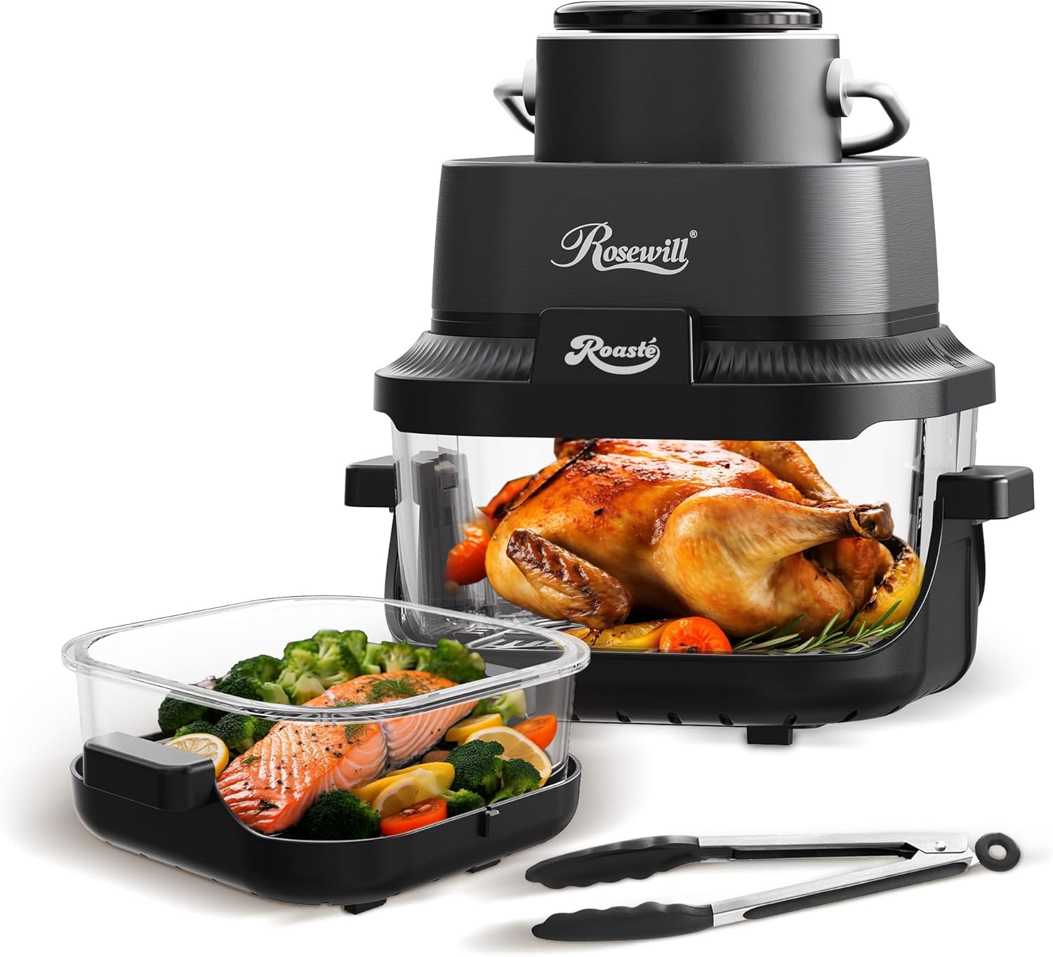 Rosewill 8-in-1 Portable Glass Air Fryer, 5.5QT & 1.6QT Dual Transparent Glass Cooking Pot with Storage Lid & Tongs, Compact Smart for Air Fry, Deep Roast, Recrisp, Bake and more – Black