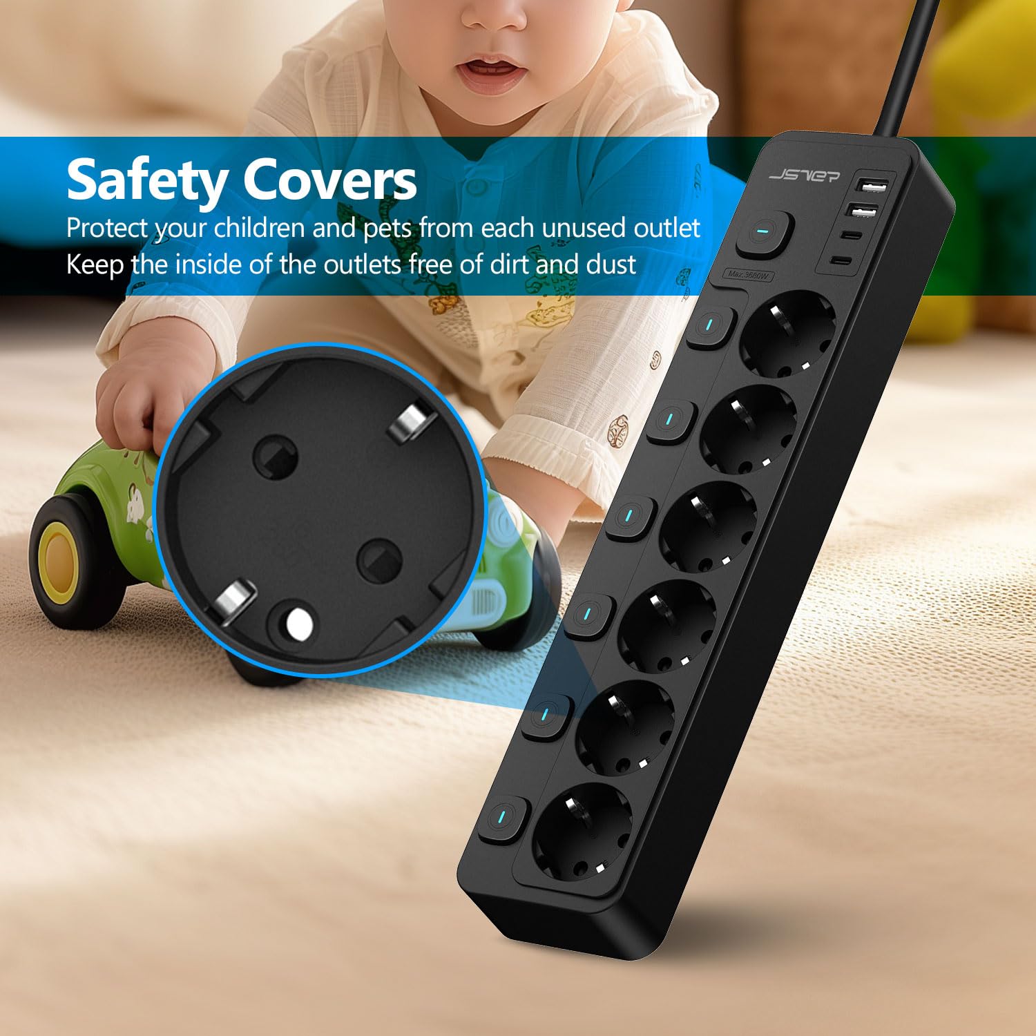 JSVER Regleta con Conmutación Individual, Enchufe Múltiple de 6 Tomas con 2 USB C&2 A, Regleta USB C(3680 W 16 A) para Oficina, Hogar o Viajes, Cable de 2 m