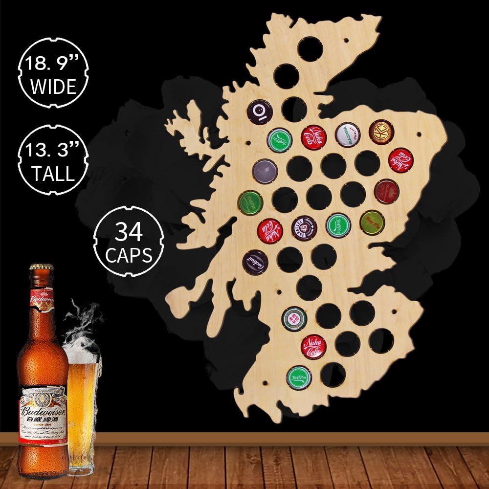 The Geeky Days Scotland Beer Cap Map - Holds 34 Craft Beer Bottle Caps, Scottish Wood Craft Beer Bottle Cap Holder Collection Wall Art Decor Gift for Cap Collectors,13.3X 18.9 inches
