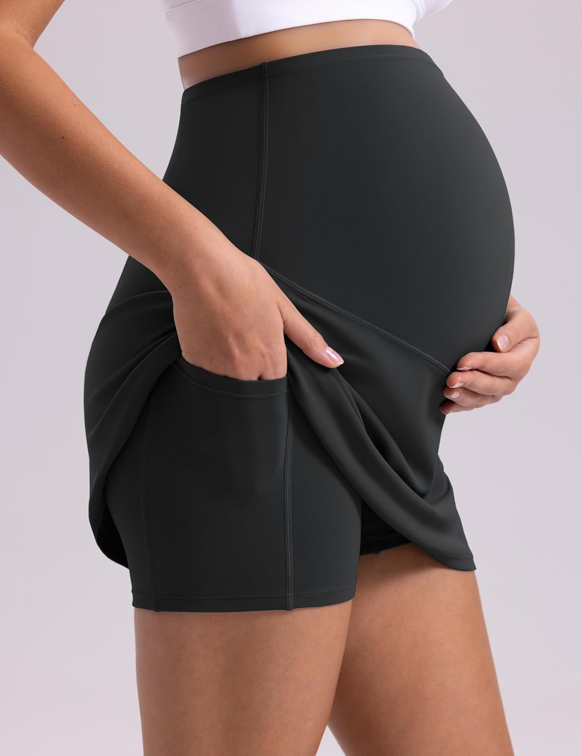 POSHDIVAH Women's Creamluxe Maternity Tennis Skirt with Pocketed Built-in Shorts - High Waist Stretchy A-Line Skirt - Image 4