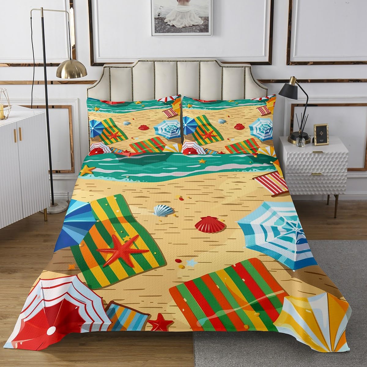 Ocean Beach Quilts Set for Kids Boys,Watercolor Seaside Parasol 3Pcs Bedspread Coverlet Set,Cartoon Starfish Shell Bed Cover Set,Colorful Summer Bedspread Coverlet with 2 Pillowshams (King Size)