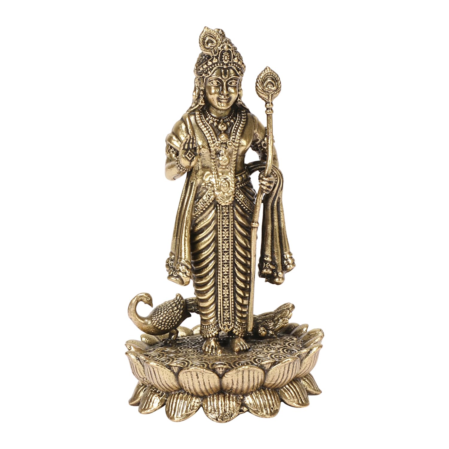 SVARUP Brass Lord Murugan Kartikeya Kumaraswamy Karthikeya with Peacock Idol Swaminatha Murti Antique Finish 4 Inch 1 Piece