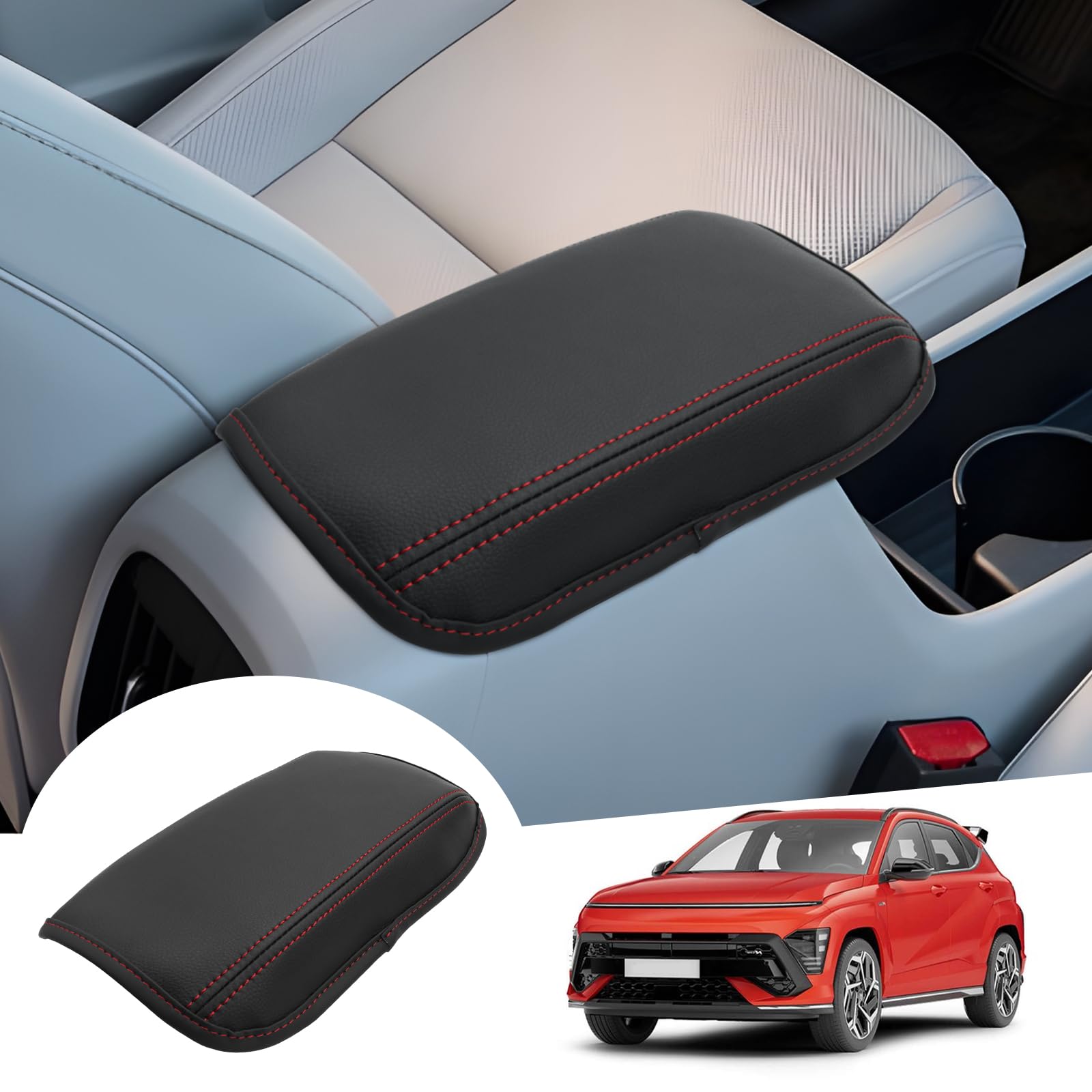 GAFAT Compatible avec Hyundai Kona SX2 2024 2025 Housse d'Accoudoir Central, Kona SX2 Hybird EV 2024 Protection pour Accoudoir Console Central, Rembourrage en Cuir PU, Kona 2024 Accessoires (Rouge)