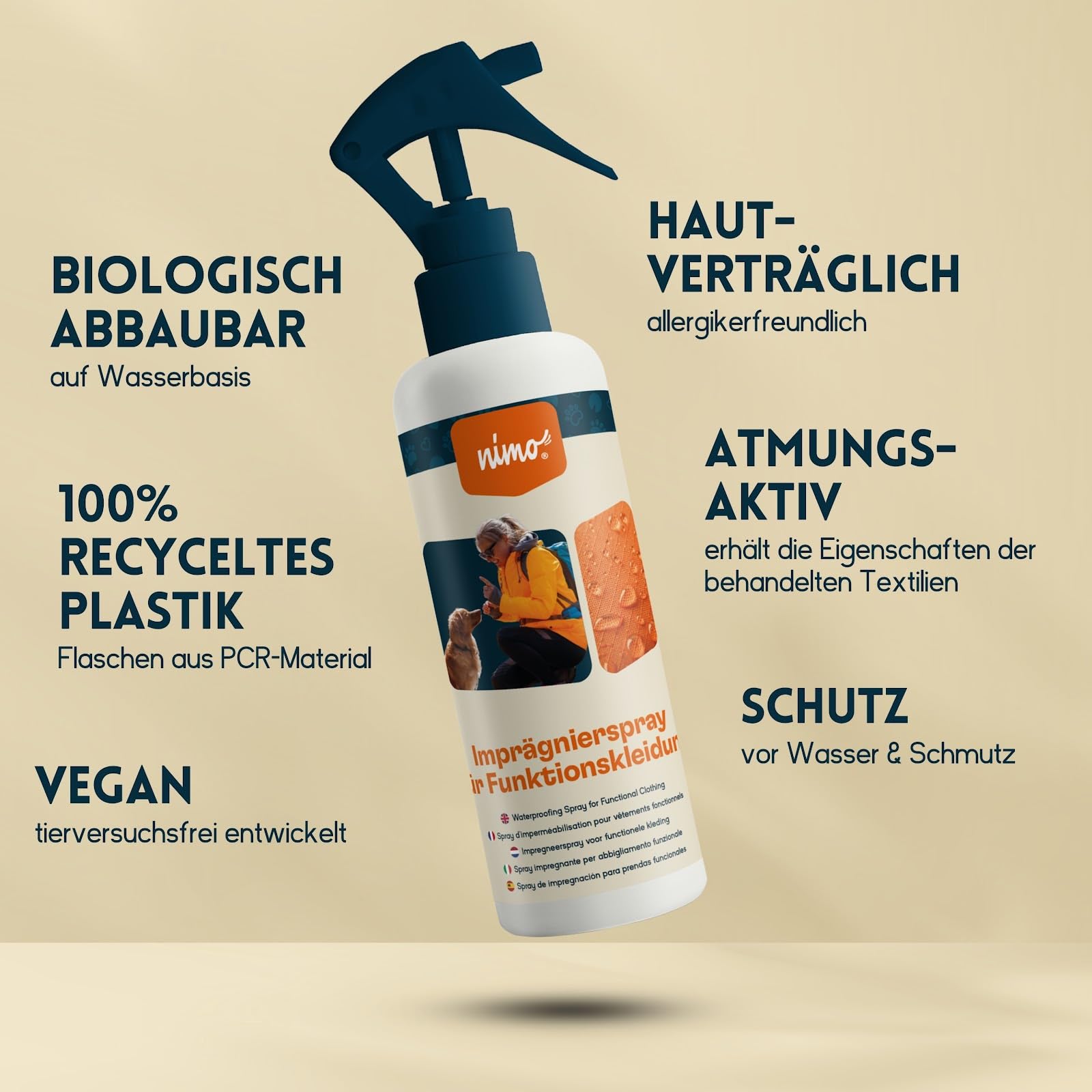 nimo® Spray imperméabilisant pour vêtements fonctionnels | Spray imperméabilisant contre la pluie et la saleté | Vêtements d'extérieur imperméables | Protection contre la pluie pour vestes |