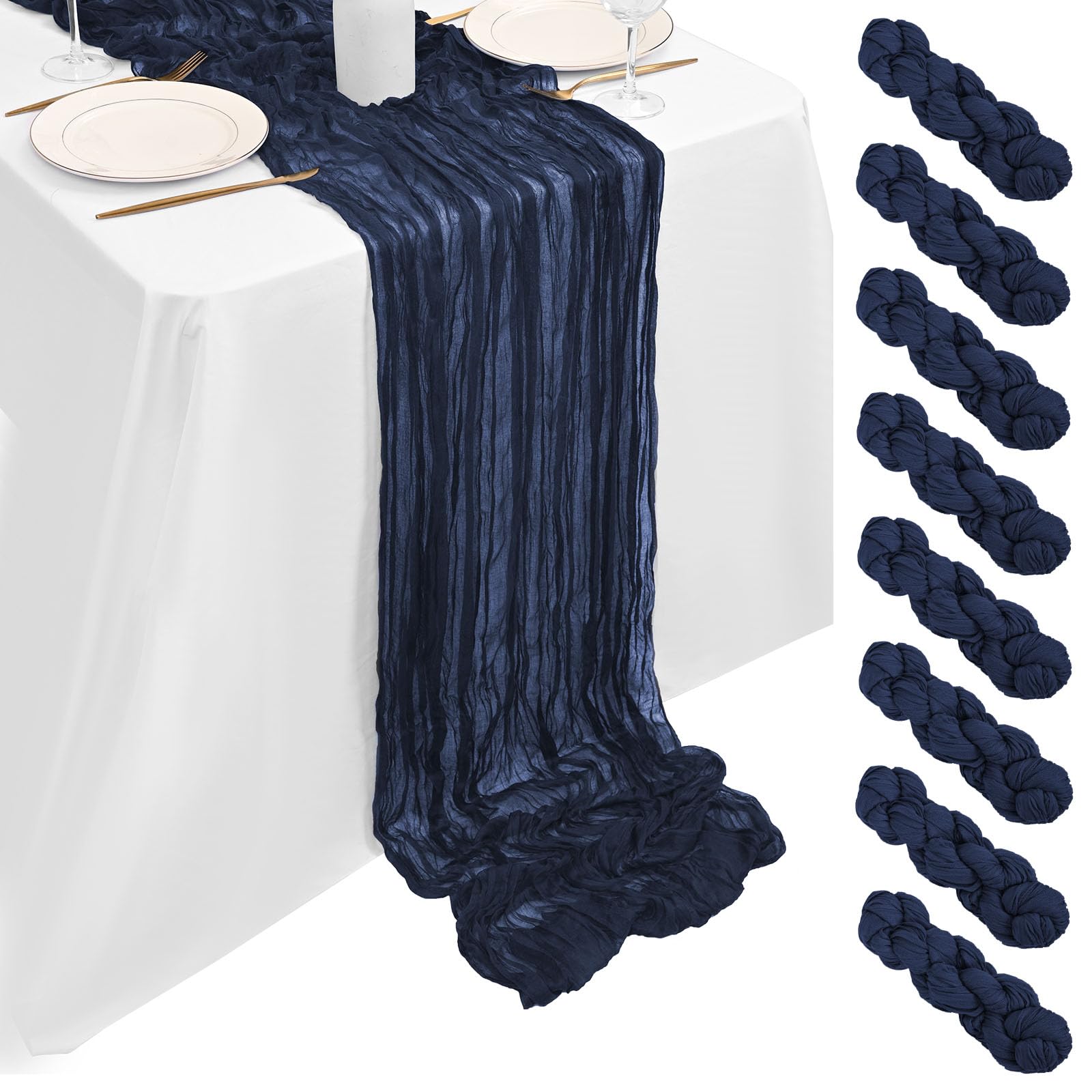 8 Pack Navy Blue Cheesecloth Table Runner, Extra Wide 90 x 300 cm