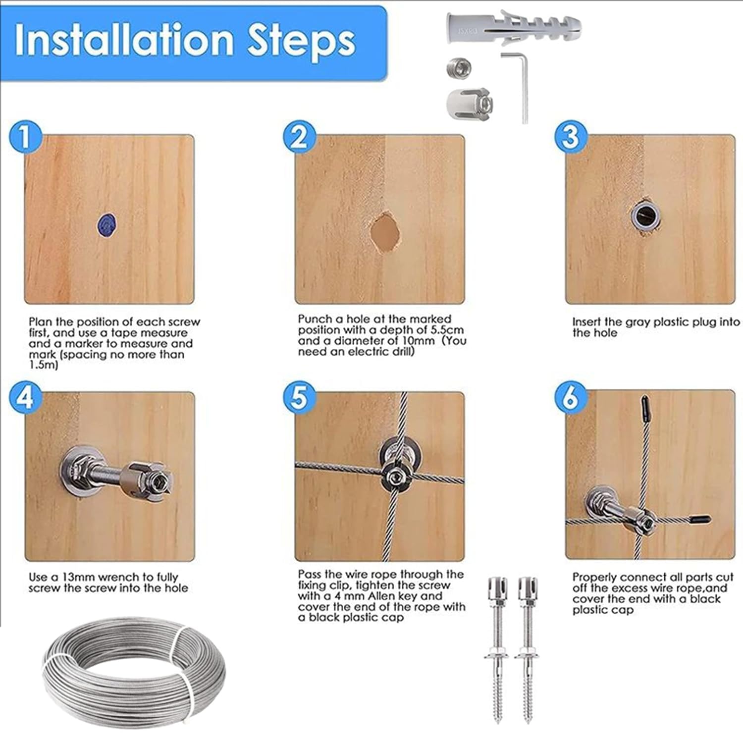 Supporto Per Piante Rampicanti In Acciaio Inox,Sistema Professionale Completo,Include Staffe Da Parete e Cavo Acciaio 3mm (8 Staffe,12 Metri Di Cavo) Stativi In Acciaio Inox Per Piante Rampicanti
