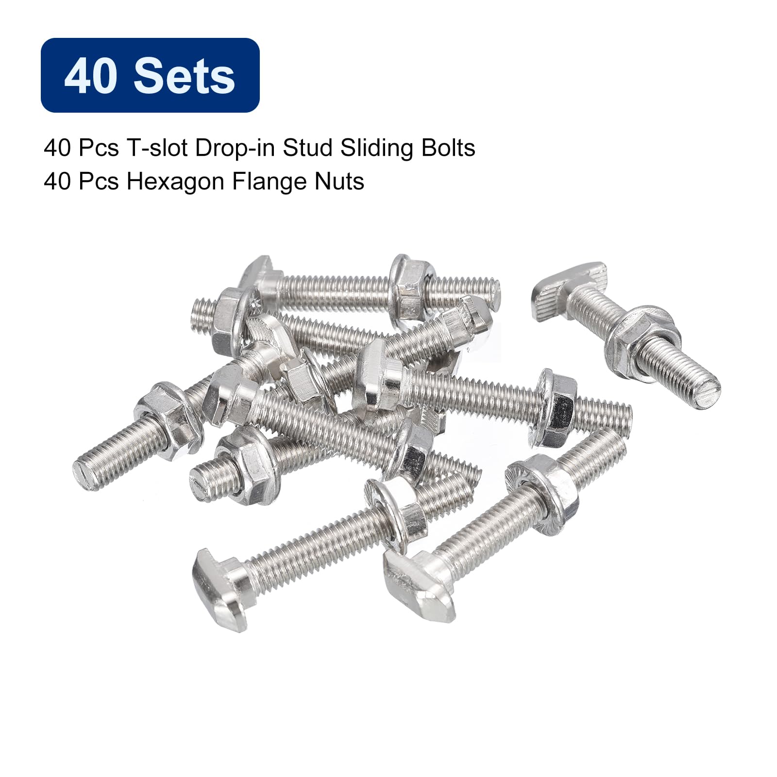 QUARKZMAN M8*50 Conjunto de Tornillos de Cabeza de Martillo, 40pcs Perno de Caída en Ranura en T Deslizantes T-Nut con 40pcs Tuercas Hexagonales de Brida para Serie 40 Aluminio Perfil