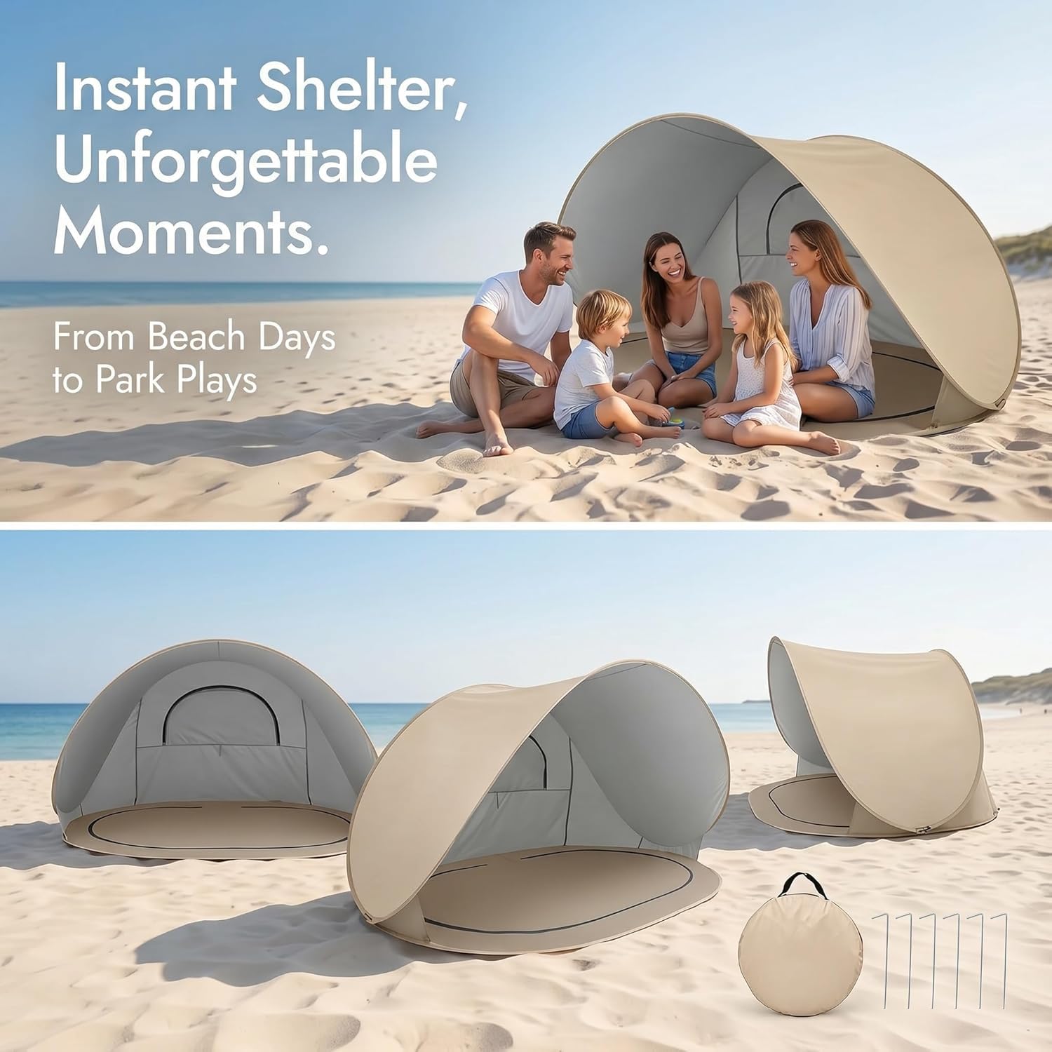 Tente de Plage Pop Up 3-4 Personnes, Abri de Plage UPF 50+ avec Tapis de Sol Amovible, Tente Pare-Soleil Portable pour Camping, Pique-Nique, Jardin et Extérieur (Beige)