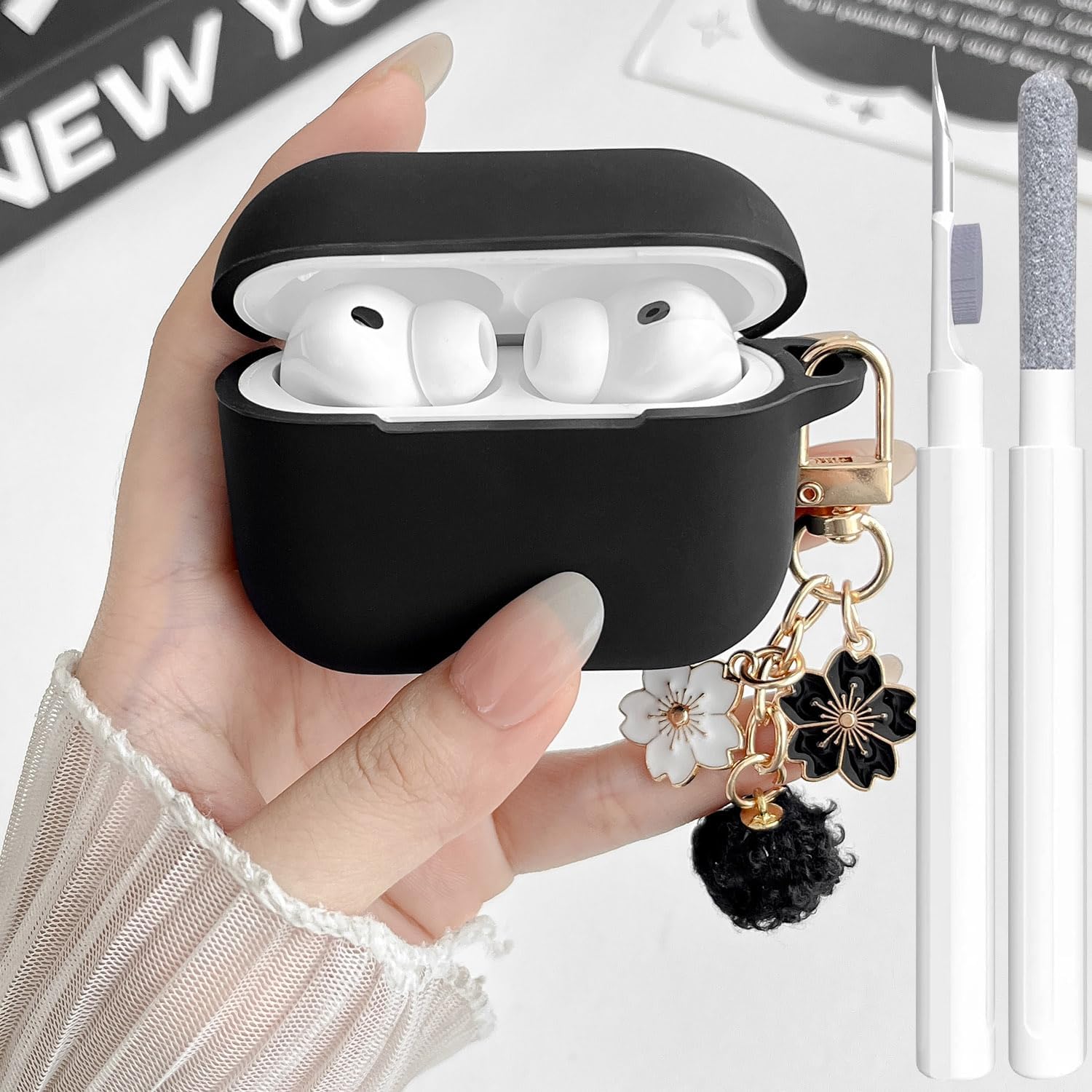 Cute Case for Airpods Pro 2/1 Cover for Girl Women with Pom pom Flower Keychain & Cleaner Kit, Soft Silicone Airpods iPod Pro 2/1 Gen Protective Cover Skin for Airpod Pro, Black