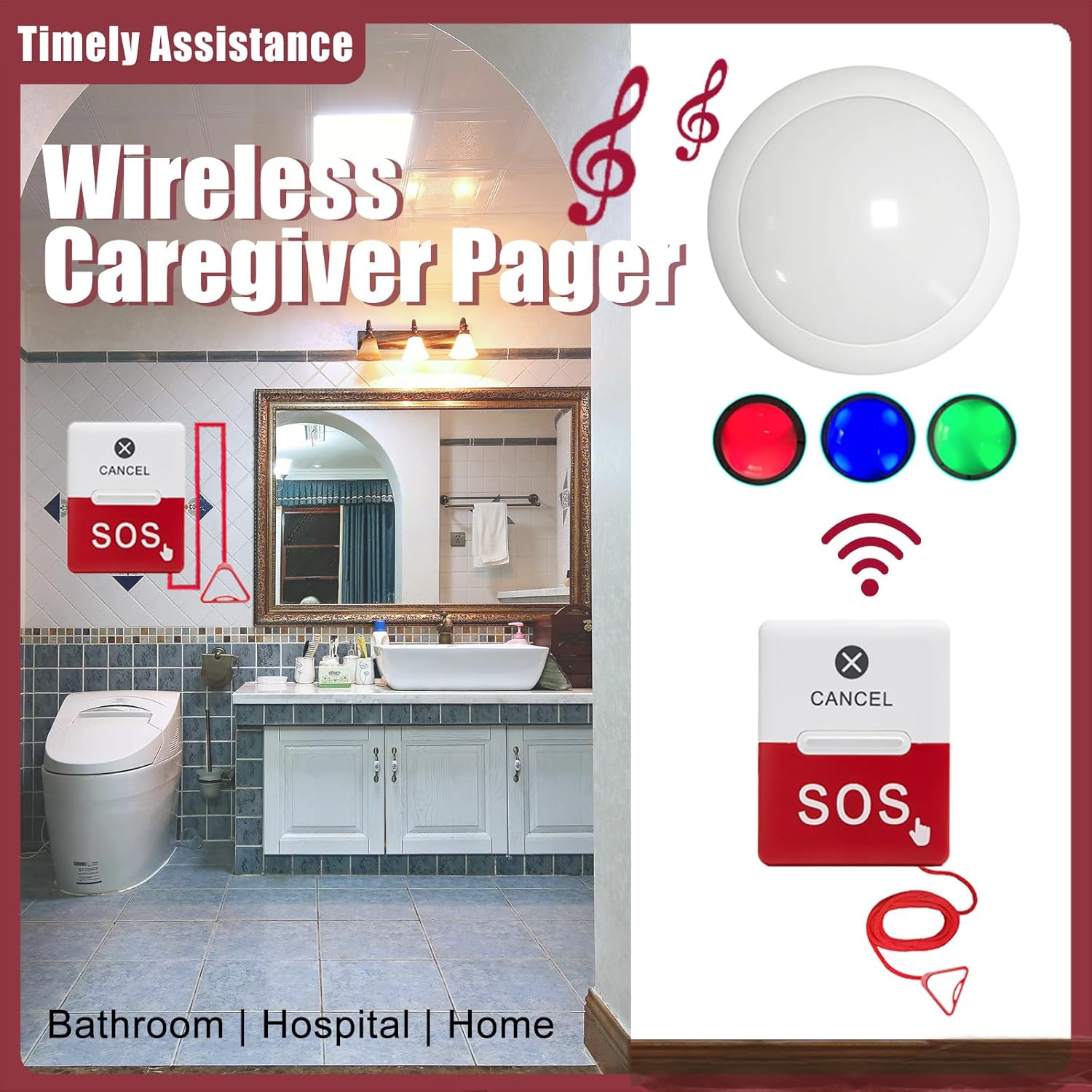 Caregiver Pager Nurse Call System Alert Button for Seniors at Home Pager for Elderly/Patient/Disabled/Nursing Home 2 SOS Call Buttons 2 Receivers