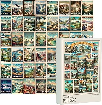 XIAOAIKA Vintage Travel National Park Postcards Set - Retro Wall Decor Art Prints - 63 U.S. Parks Theme Posters Decorations - Perfect for Travel and Nature Lovers, 4" W x 6" H