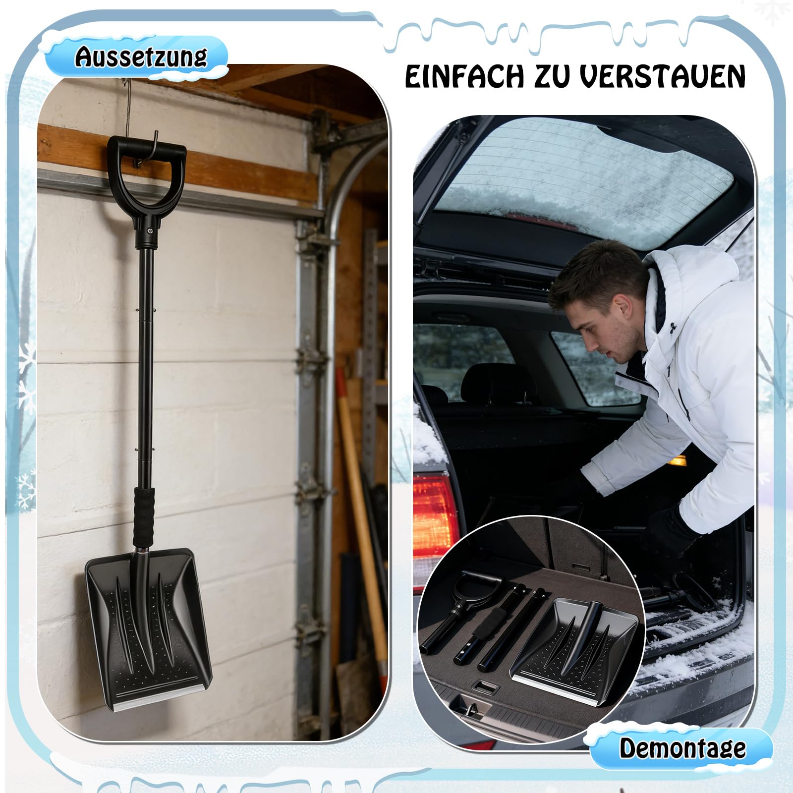 Pelle à neige en plastique avec manche en métal, pelle à neige avec 4 pièces, design amovible, légère pour voiture, trottoir et terrasse