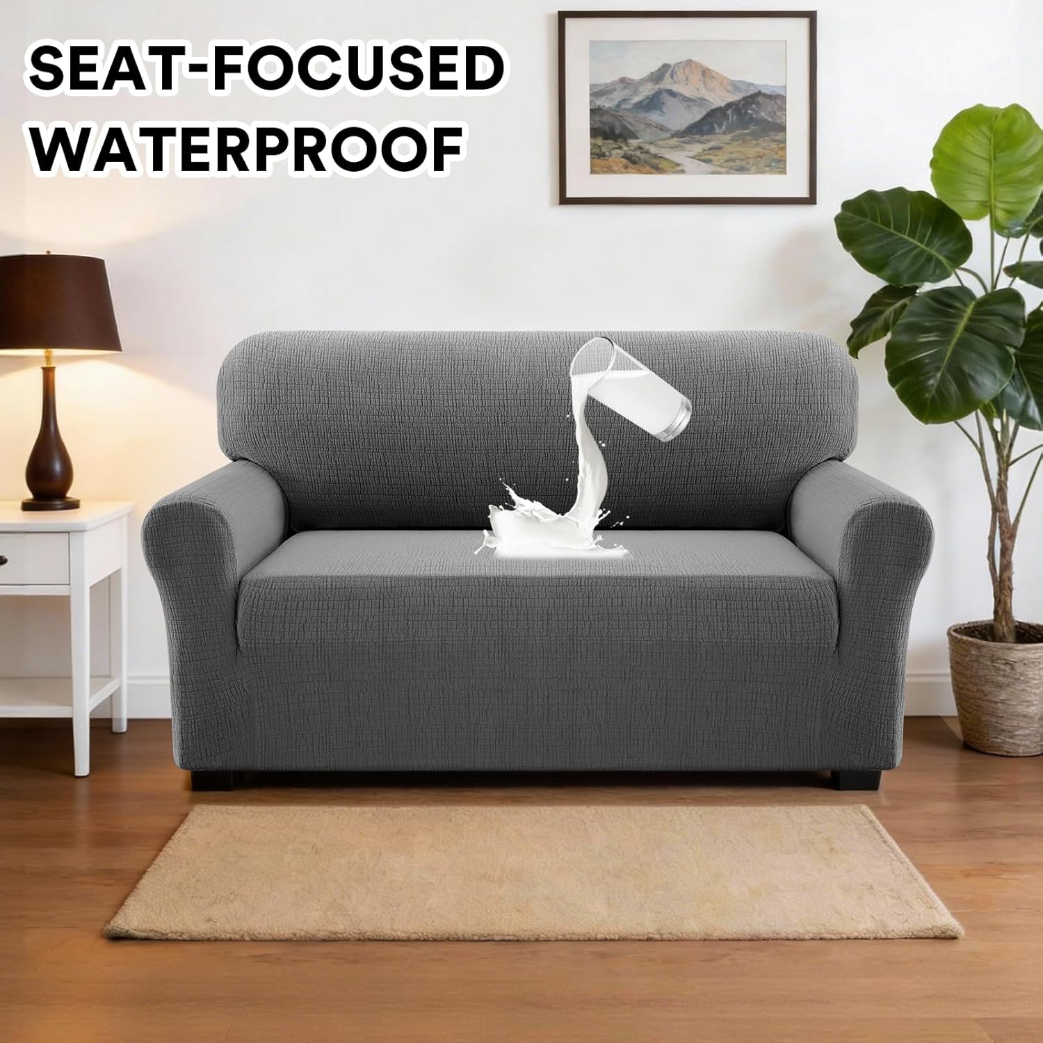PrinceDeco Waterproof Couch Cover Slipcovers for Sofas,Stretch Jacquard Loveseat Couch Cover for 2 Seat Couch,Love Seat Sofa Covers Washable Protector for Kids, Pets (Loveseat Seat Width 38"-46" Grey)