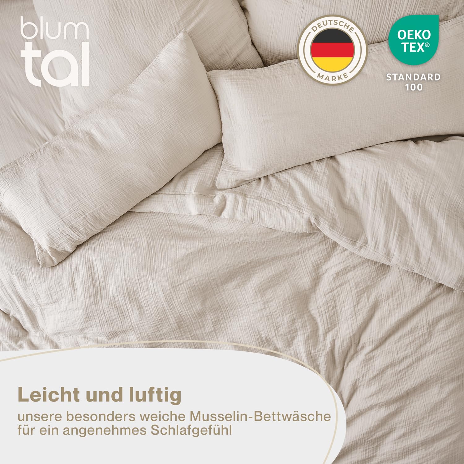 Blumtal Juego de ropa de cama de muselina certificado Öko-Tex, 155 x 220 cm + 40 x 80 cm, ropa de cama extrasuave, lavable