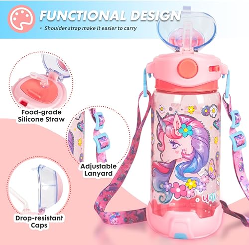 Miniatura 2 de Botella de agua para niños con popote, para la escuela, niños, niñas, niños, botella de agua potable sin BPA de 22 onzas, apertura de un solo clic,