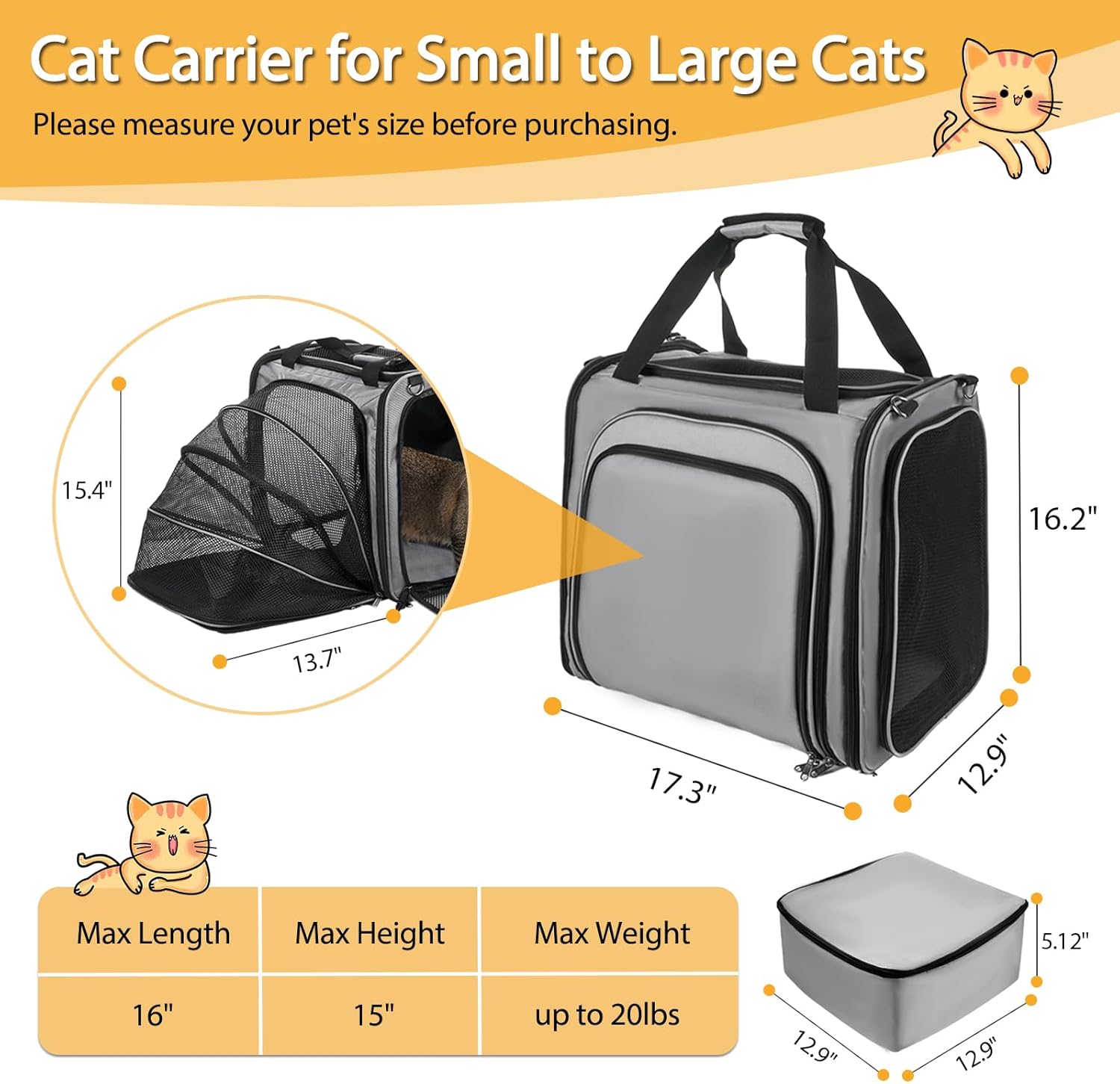 Cat Carrier with Litter Box for Large Cats, Expandable Cat Carrier for Car Travel Long Distance, Dog Carrier for Pets up to 20 lbs, Gray