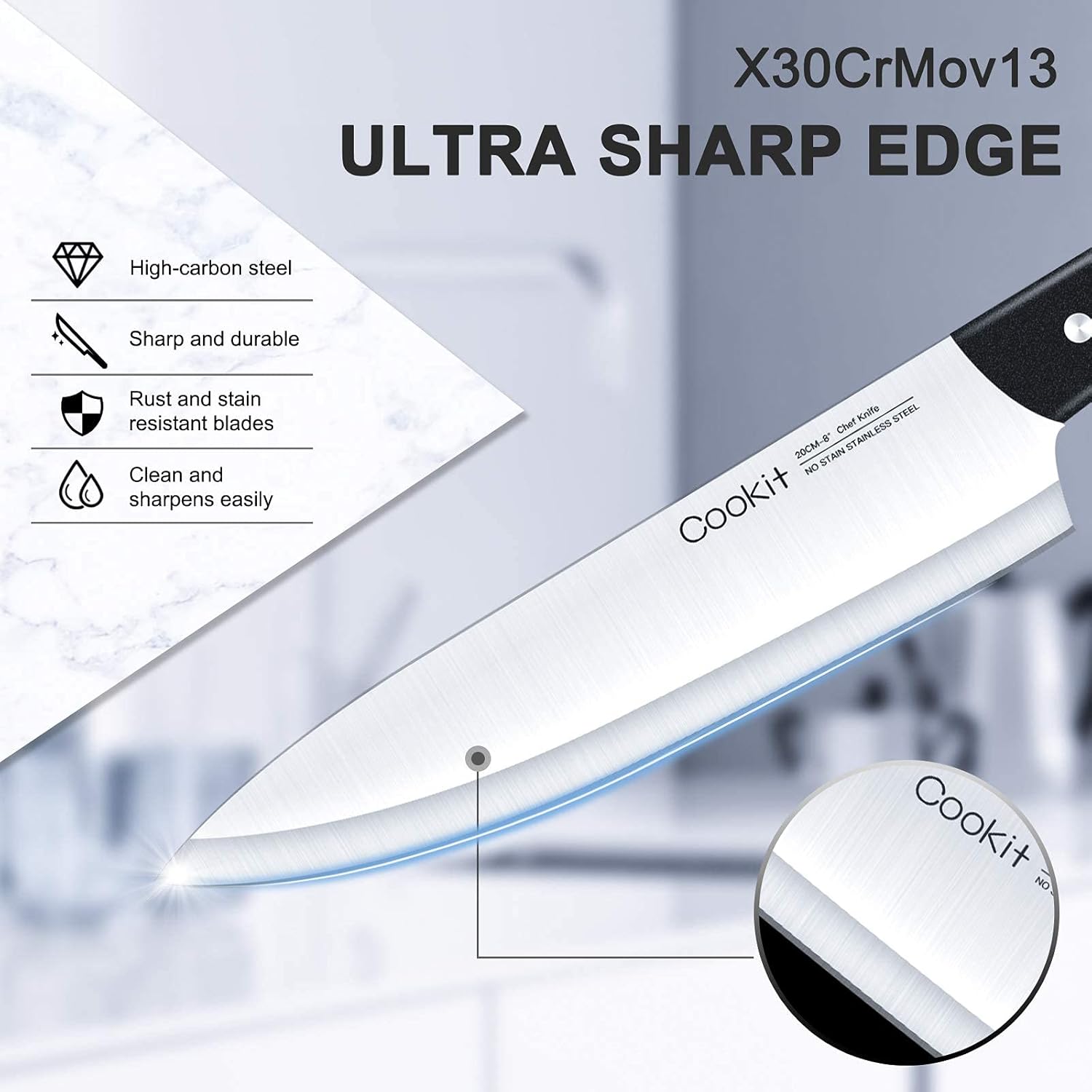 Knife Set with Block, Cookit 15 Pieces Kitchen Knife Set with Pine Block Holder, Knife Block Set with Sharpener, High Stainless Steel Knives with Comfortable-Grip ABS Handles