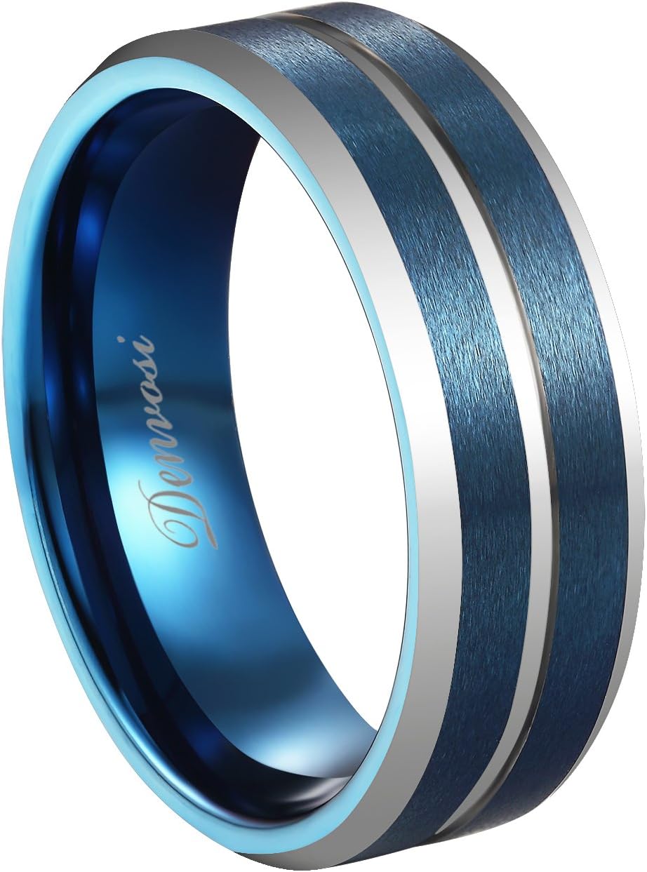 Denvosi Elegance Tungsten Carbide Ring for Men 8mm Matte Brushed Blue Surface Inlaid Silver Line High Polished Navy Inner Face Wedding Band Anniversary Ring Comfort Fit Size 7-14.5
