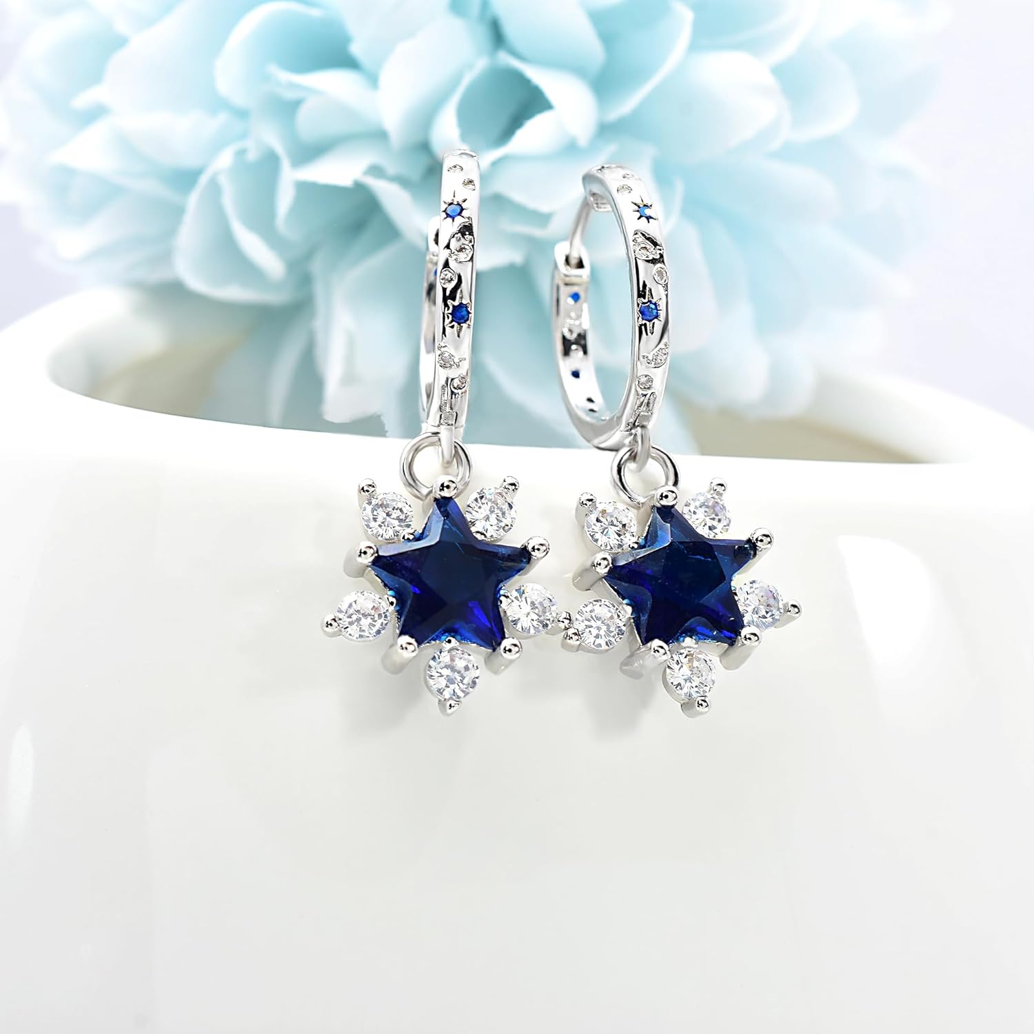 Blue Star Earrings for Women - Sterling Silver Hoop Huggie Earrings Hypoallergenic White Dark Blue Cubic Zirconia Star Moon Sun Earring Jewelry Gifts for Teen Girls for Christmas - Image 6